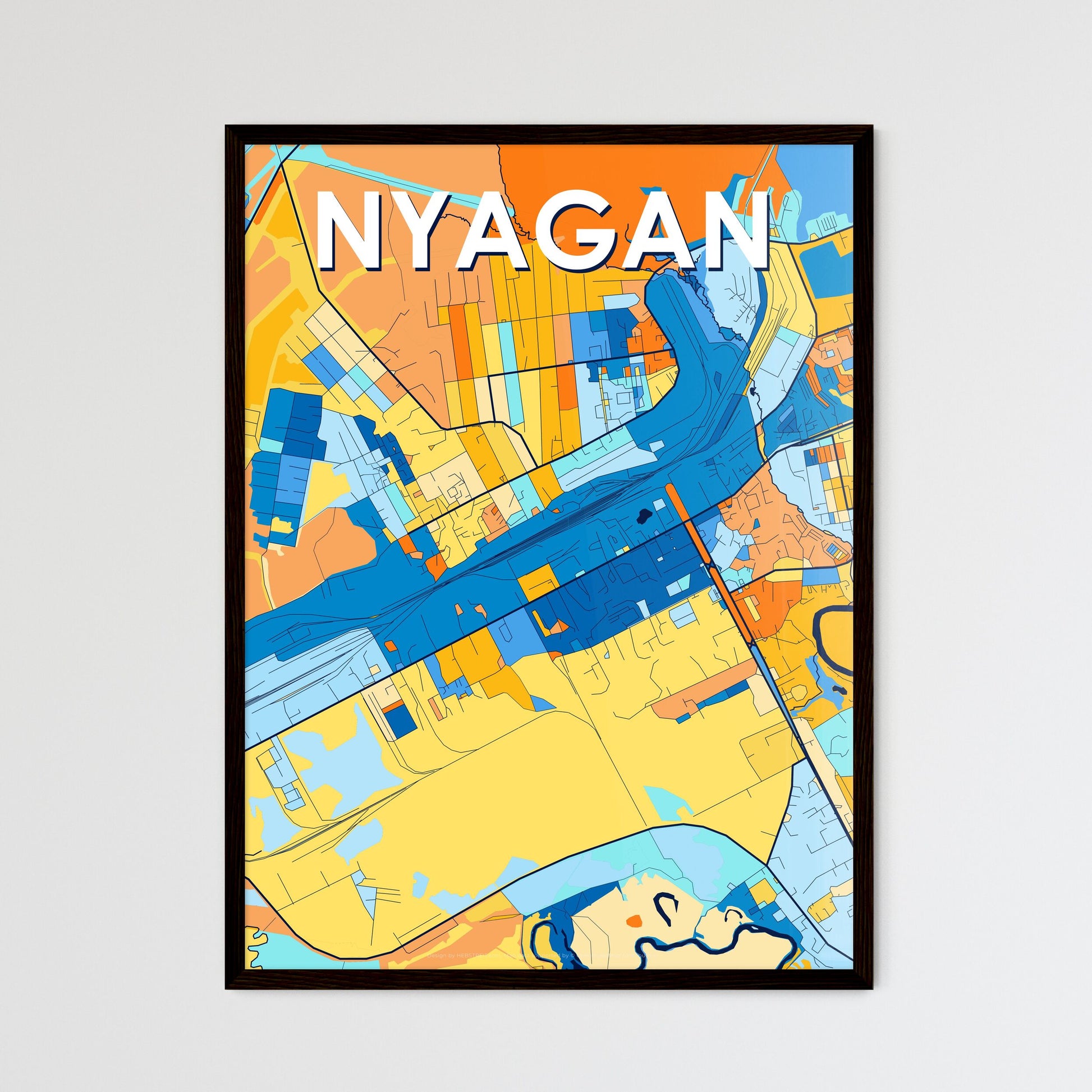 NYAGAN RUSSIA Vibrant Colorful Art Map Poster Blue Orange