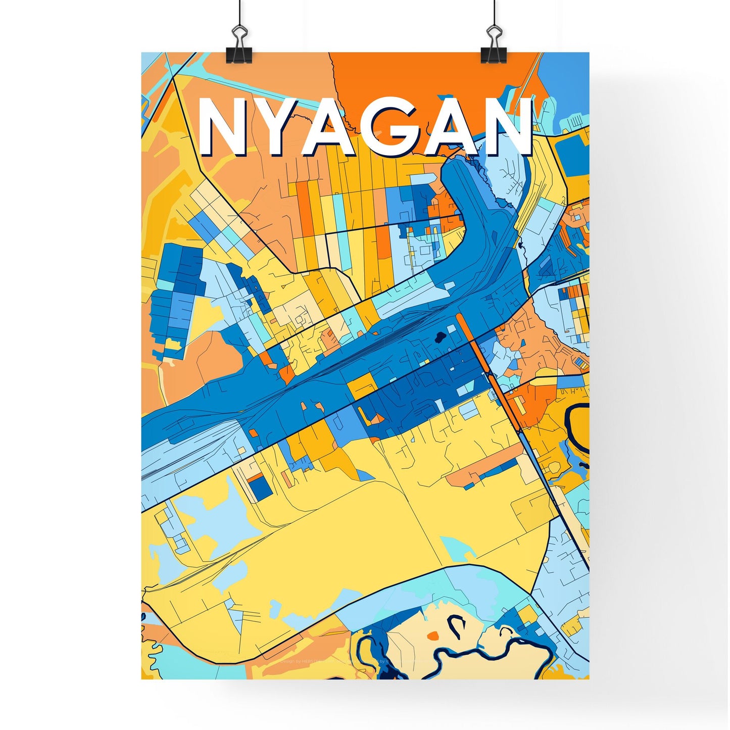 NYAGAN RUSSIA Vibrant Colorful Art Map Poster Blue Orange