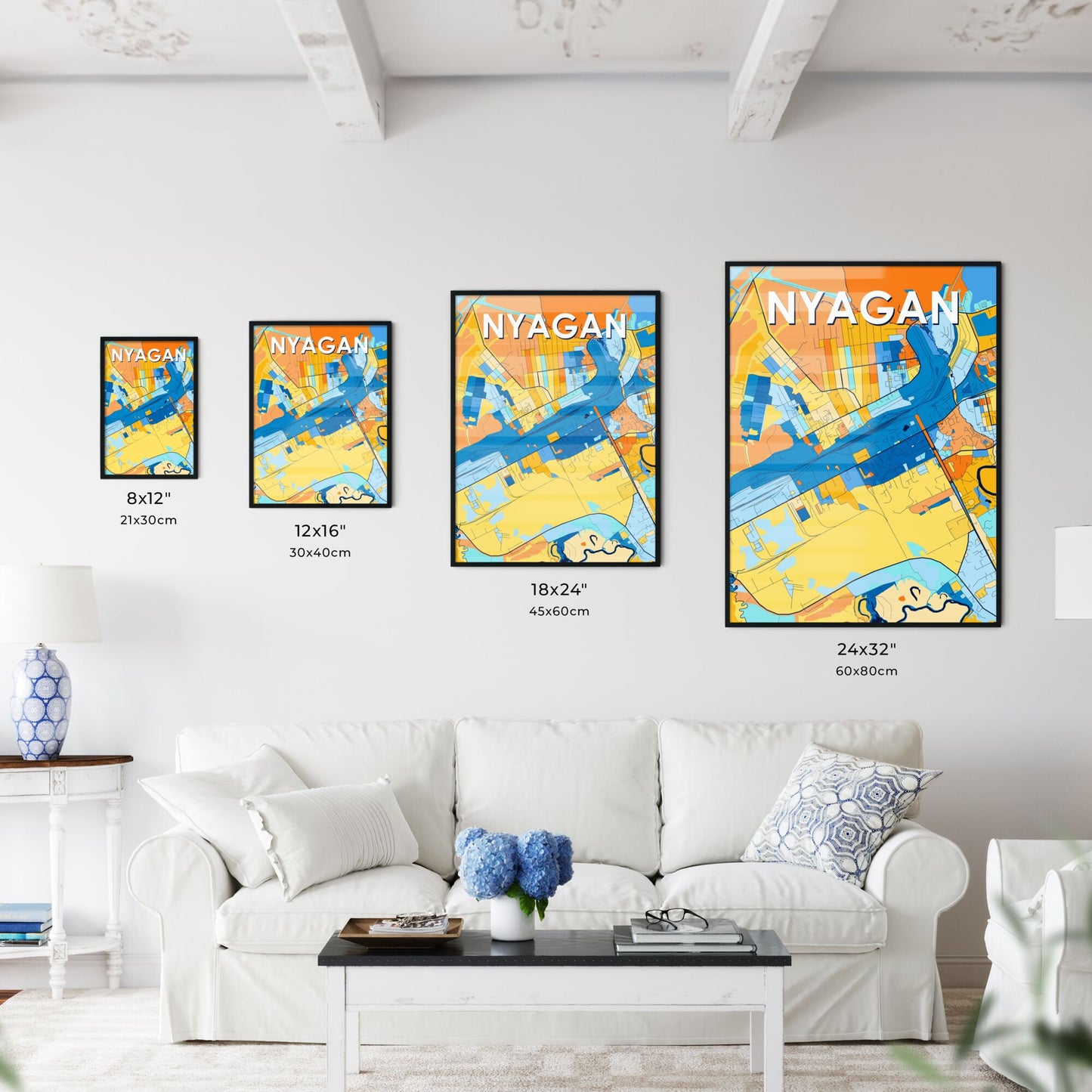 NYAGAN RUSSIA Vibrant Colorful Art Map Poster Blue Orange