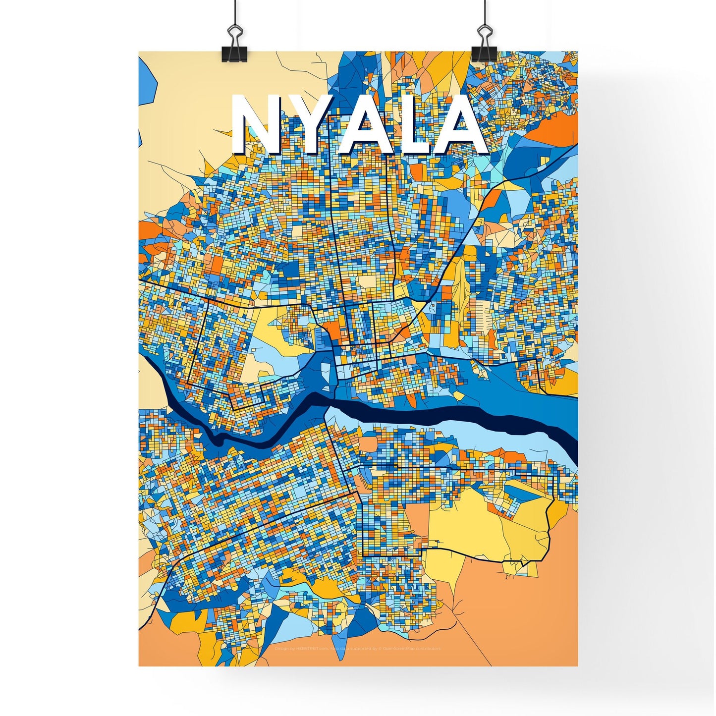 NYALA SUDAN Vibrant Colorful Art Map Poster Blue Orange