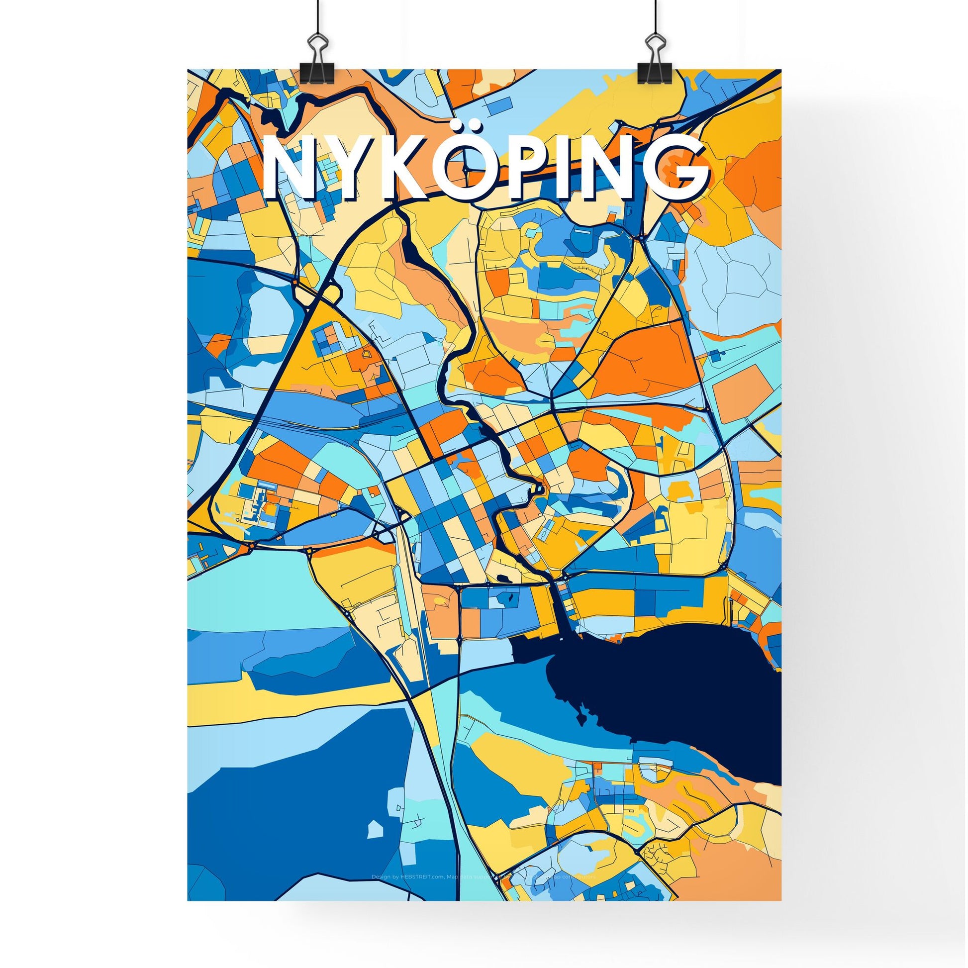 NYKÖPING SWEDEN Vibrant Colorful Art Map Poster Blue Orange