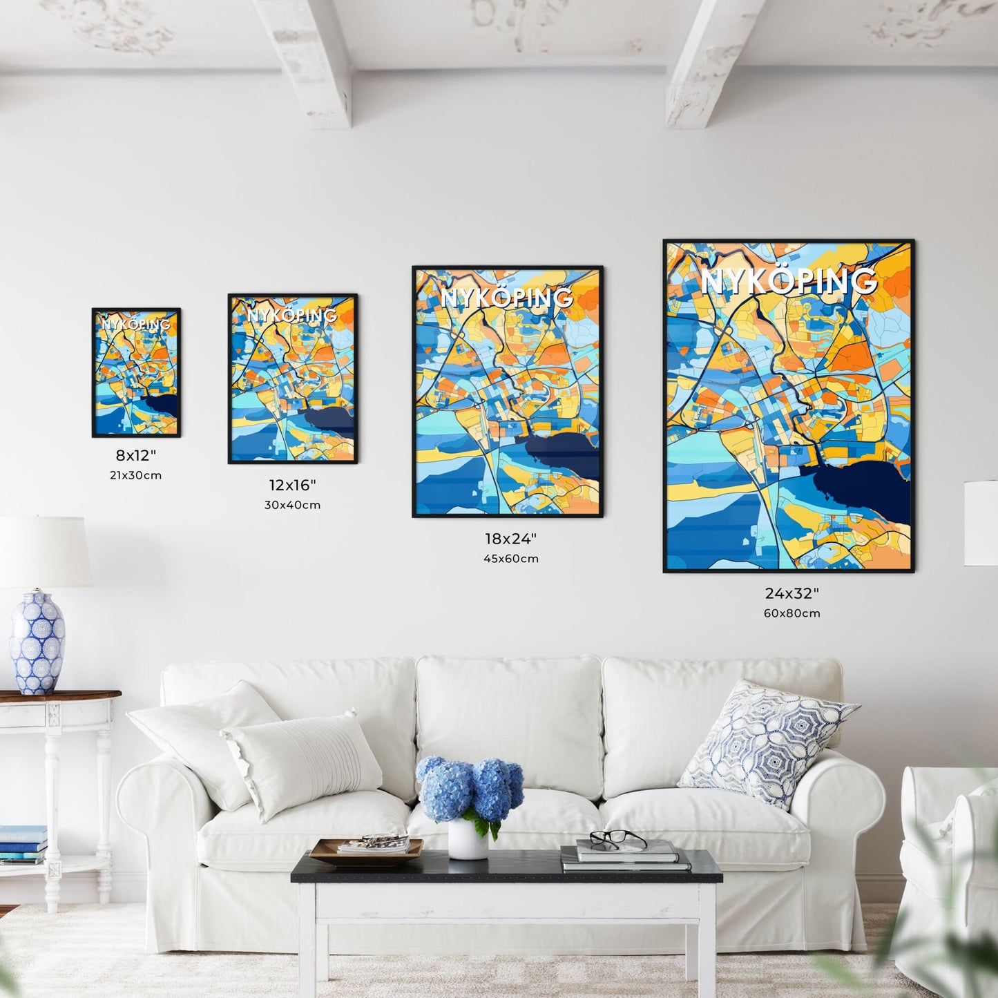 NYKÖPING SWEDEN Vibrant Colorful Art Map Poster Blue Orange