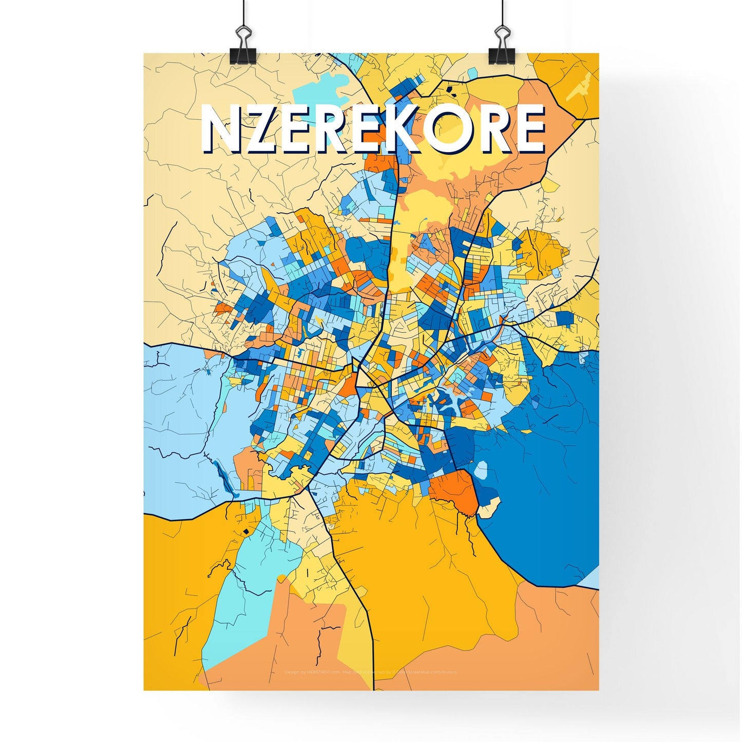 NZEREKORE GUINEA Vibrant Colorful Art Map Poster Blue Orange