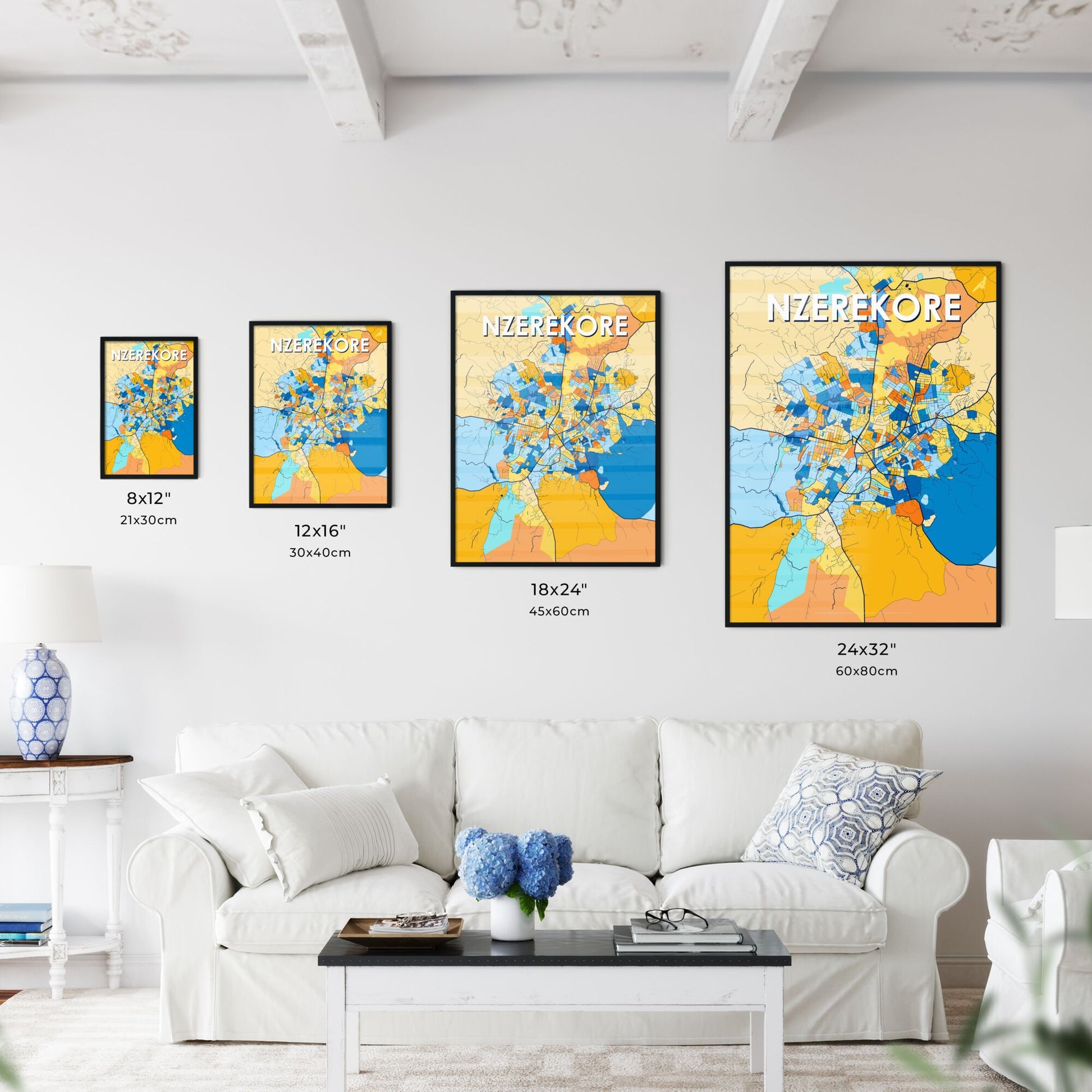 NZEREKORE GUINEA Vibrant Colorful Art Map Poster Blue Orange