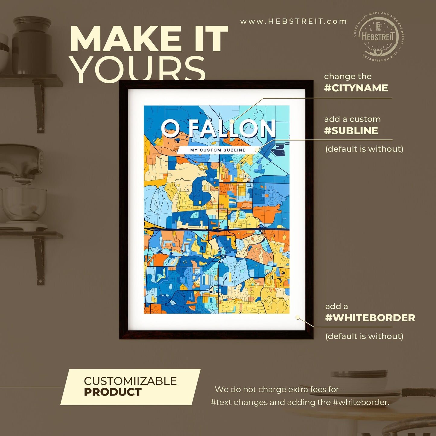 O FALLON MISSOURI Vibrant Colorful Art Map Poster Blue Orange