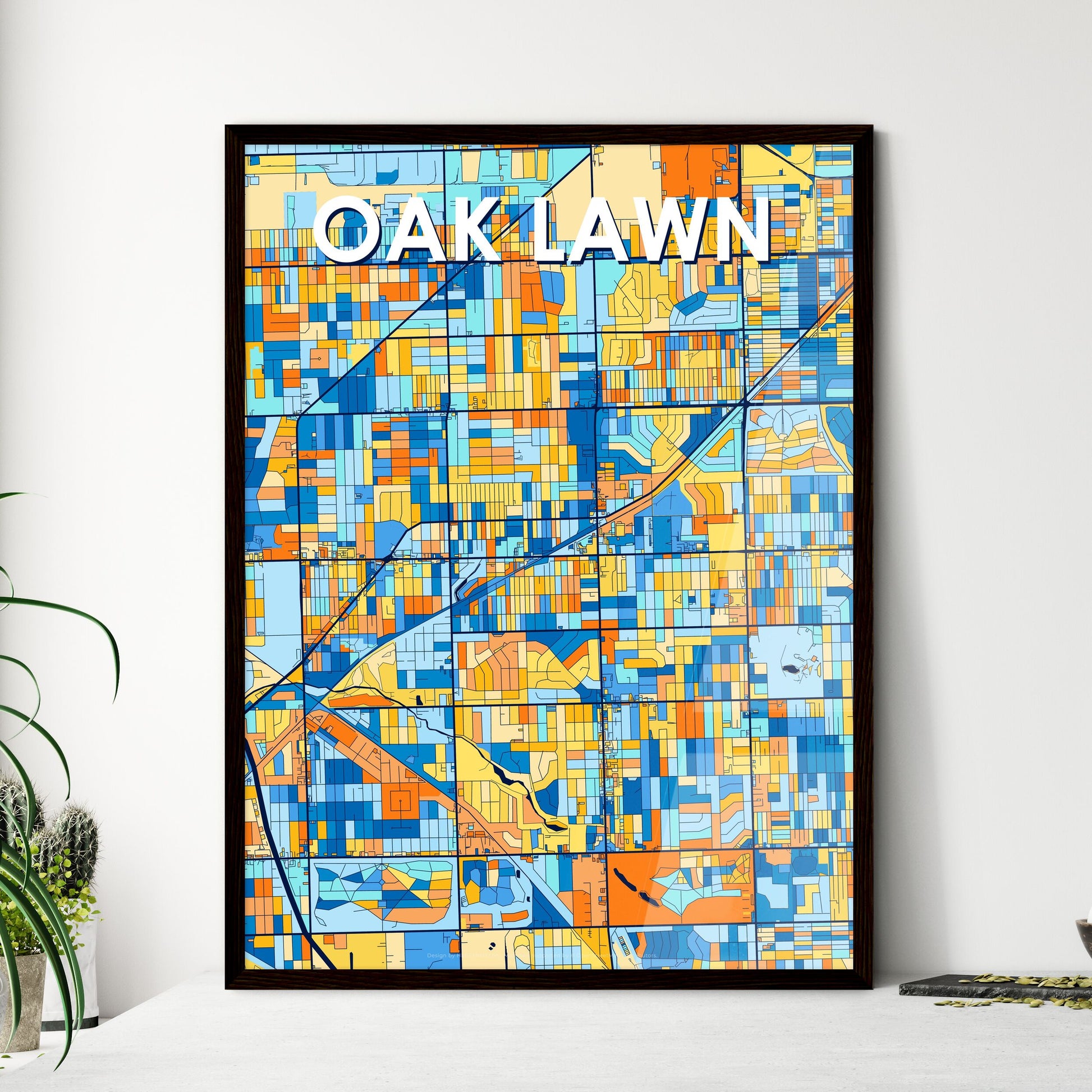 OAK LAWN ILLINOIS Vibrant Colorful Art Map Poster Blue Orange