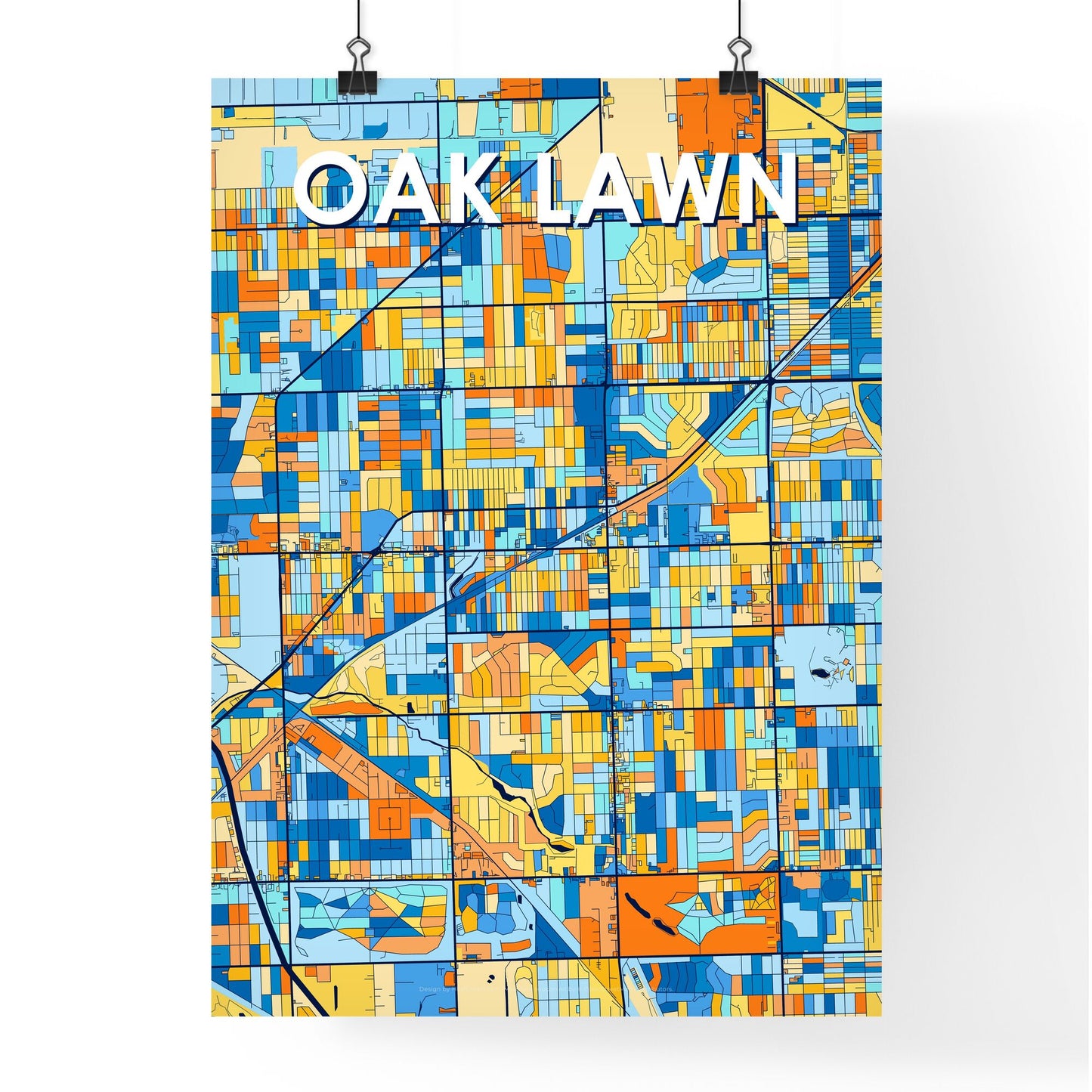 OAK LAWN ILLINOIS Vibrant Colorful Art Map Poster Blue Orange