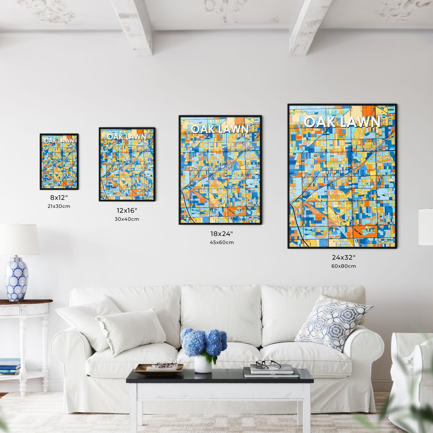 OAK LAWN ILLINOIS Vibrant Colorful Art Map Poster Blue Orange