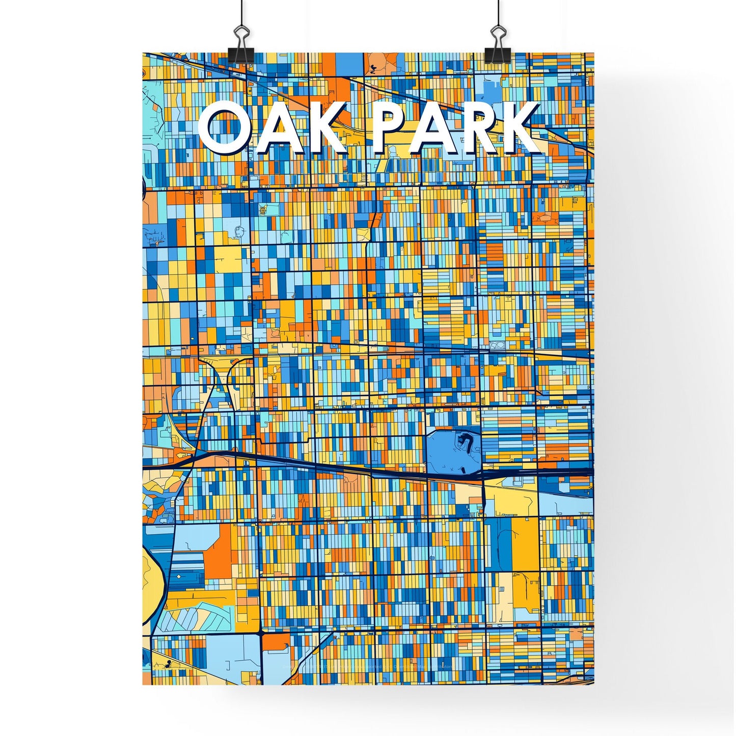 OAK PARK ILLINOIS Vibrant Colorful Art Map Poster Blue Orange