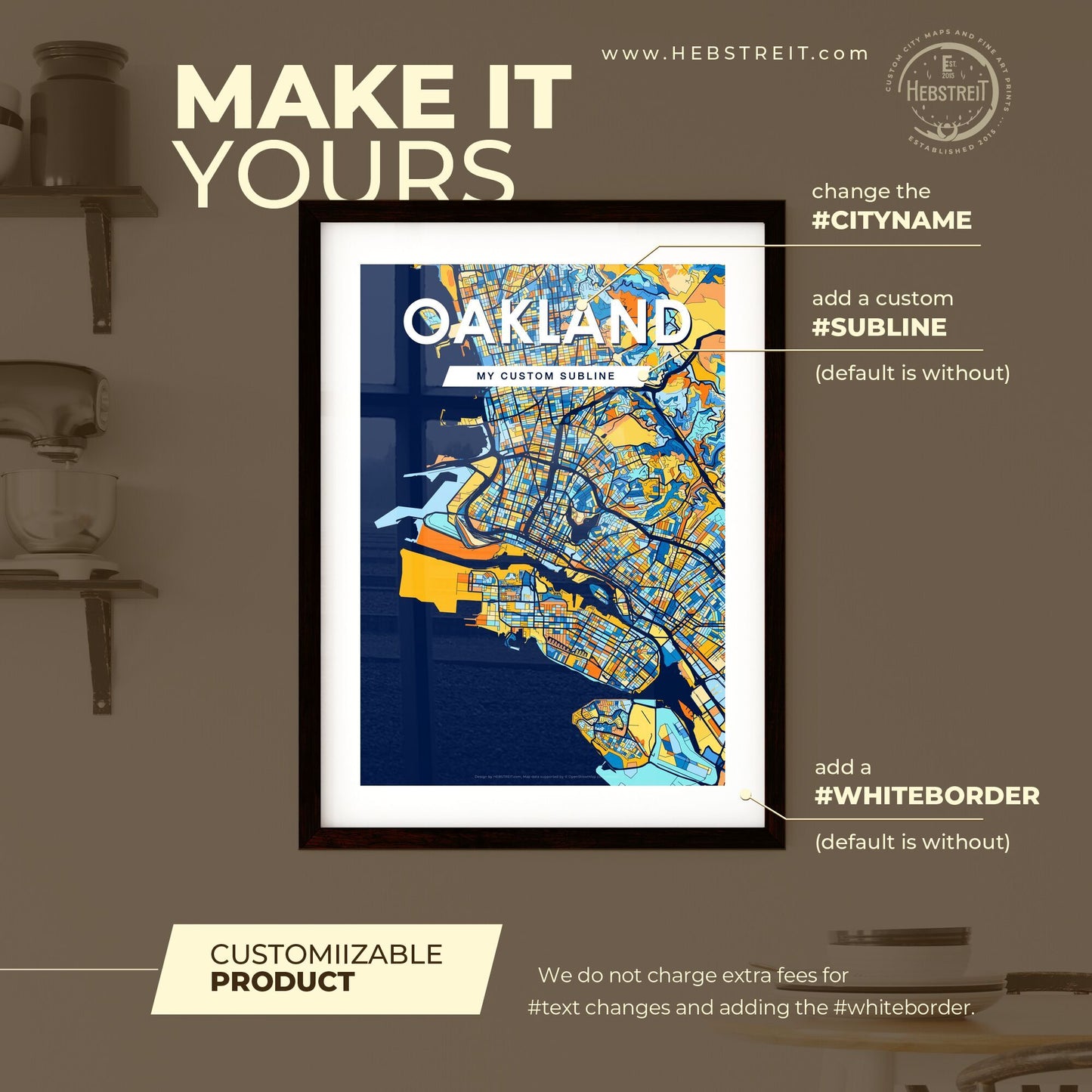 OAKLAND CALIFORNIA Vibrant Colorful Art Map Poster Blue Orange