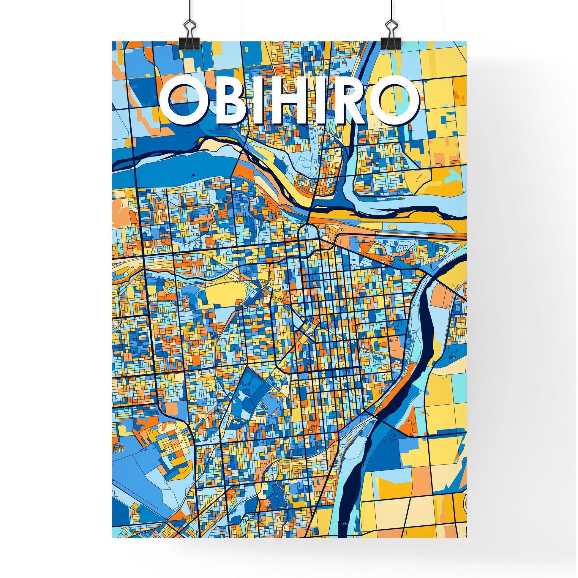 OBIHIRO JAPAN Vibrant Colorful Art Map Poster Blue Orange