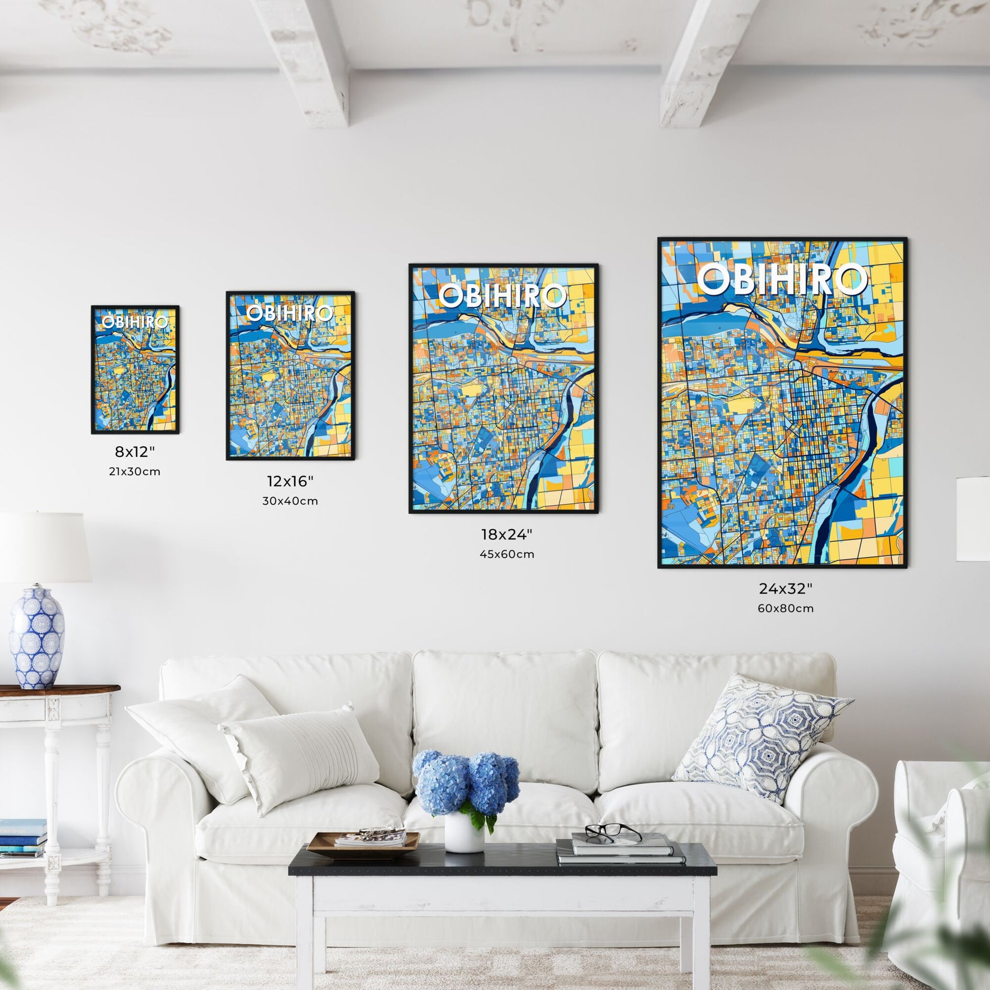 OBIHIRO JAPAN Vibrant Colorful Art Map Poster Blue Orange