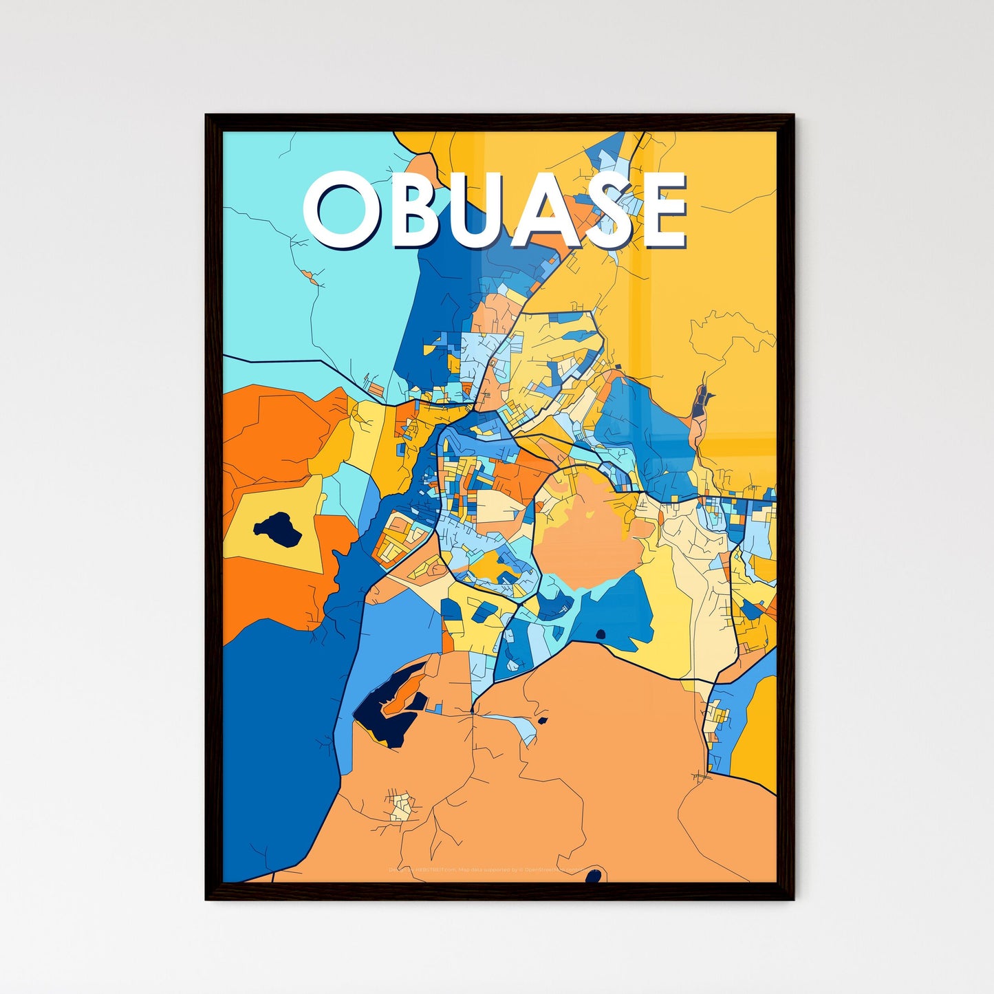 OBUASE GHANA Vibrant Colorful Art Map Poster Blue Orange