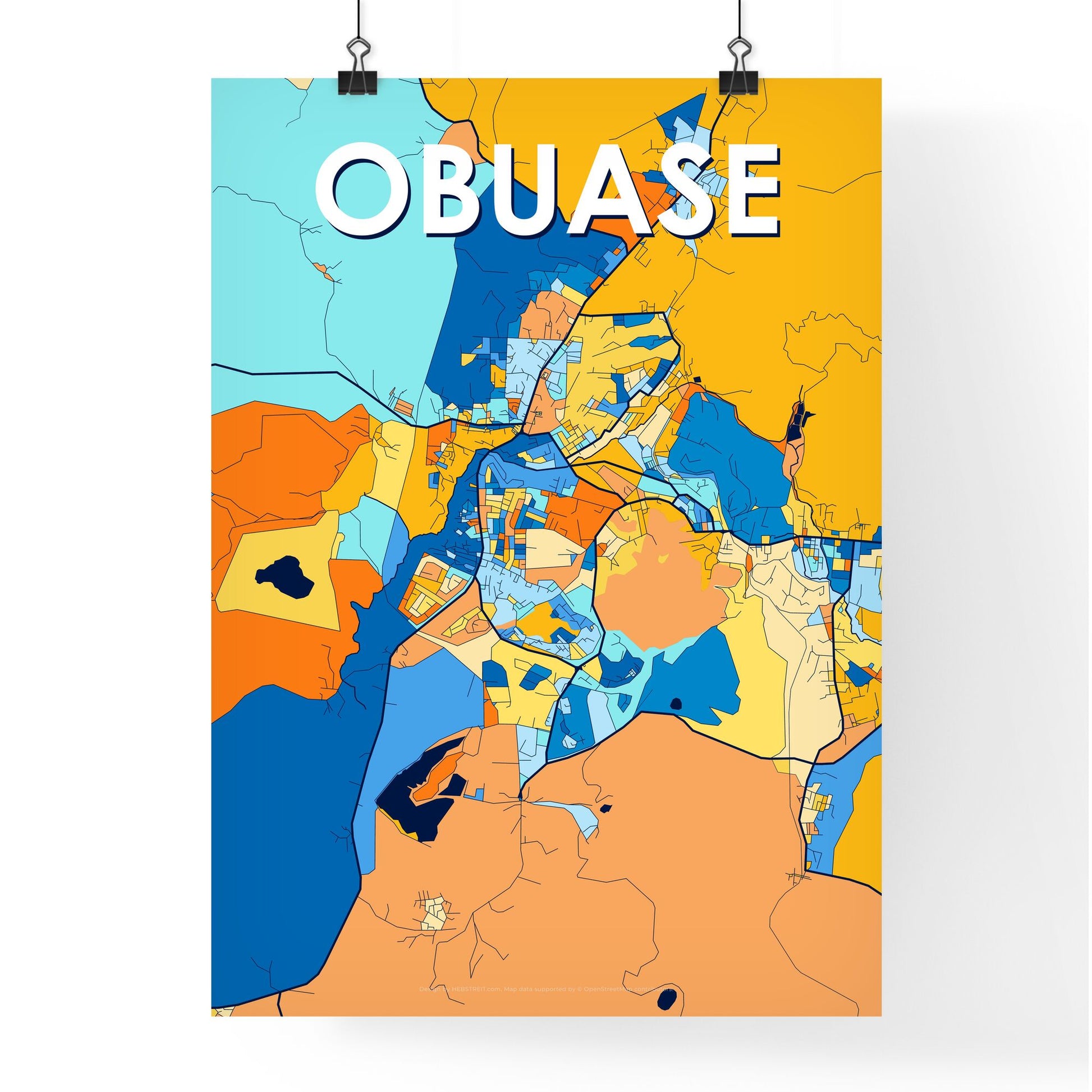 OBUASE GHANA Vibrant Colorful Art Map Poster Blue Orange