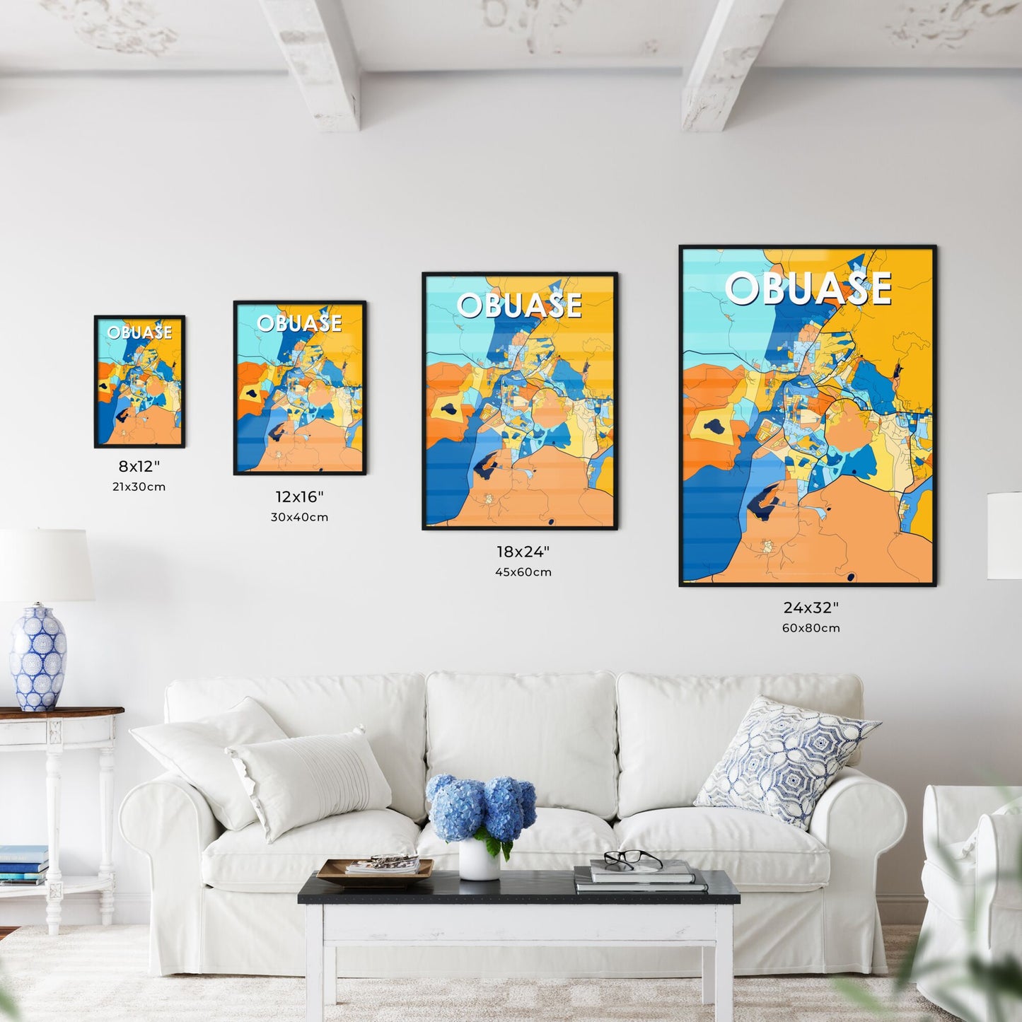 OBUASE GHANA Vibrant Colorful Art Map Poster Blue Orange