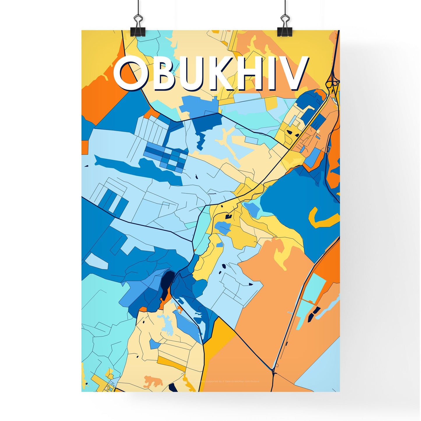 OBUKHIV UKRAINE Vibrant Colorful Art Map Poster Blue Orange