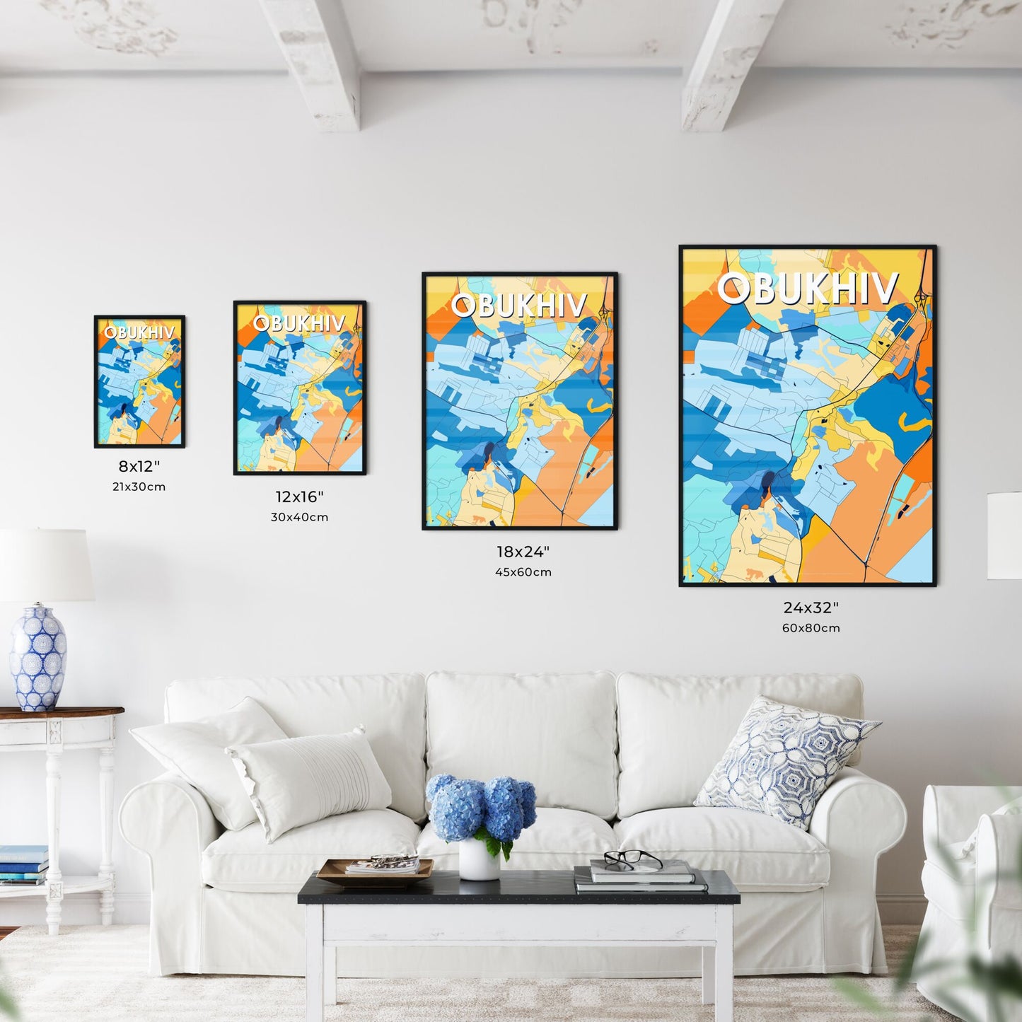 OBUKHIV UKRAINE Vibrant Colorful Art Map Poster Blue Orange