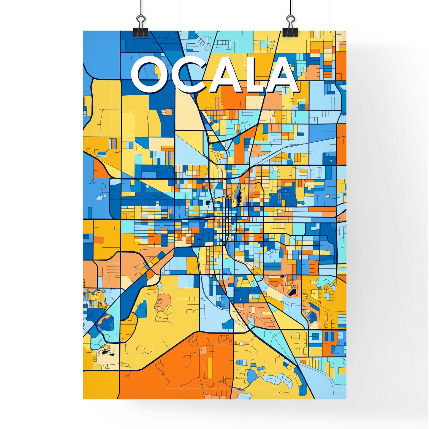 OCALA FLORIDA Vibrant Colorful Art Map Poster Blue Orange