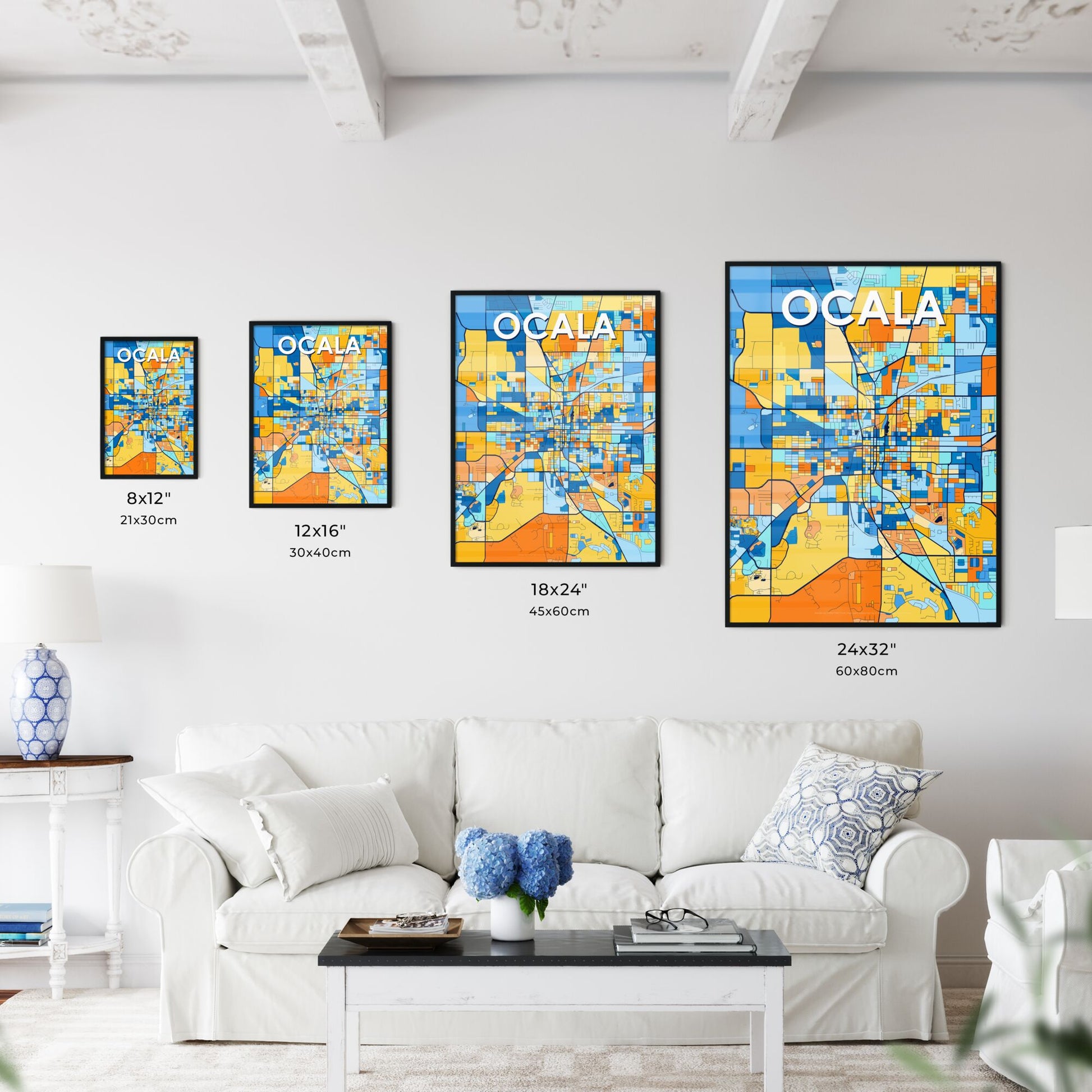 OCALA FLORIDA Vibrant Colorful Art Map Poster Blue Orange