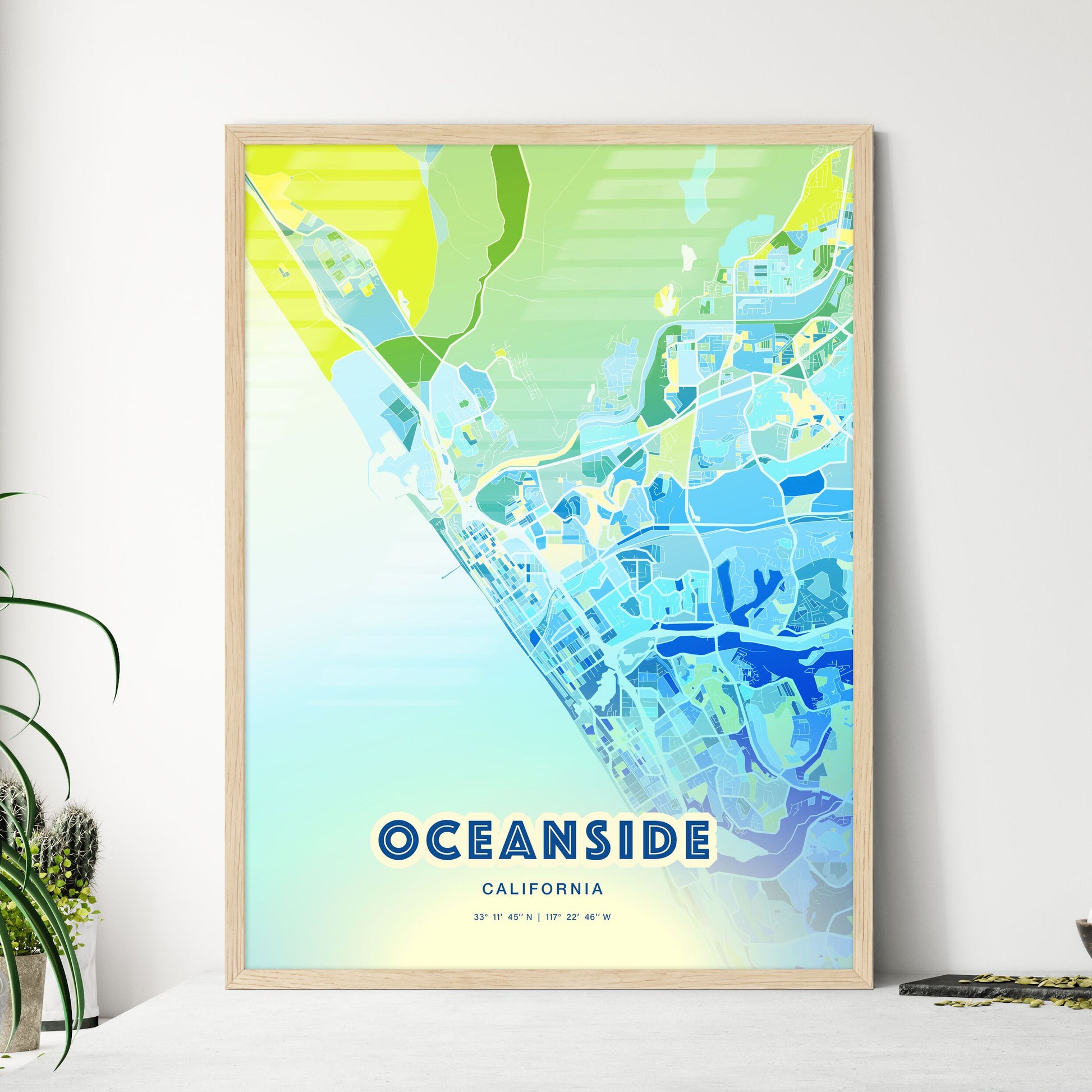 Colorful Oceanside California Fine Art Map Cool Blue