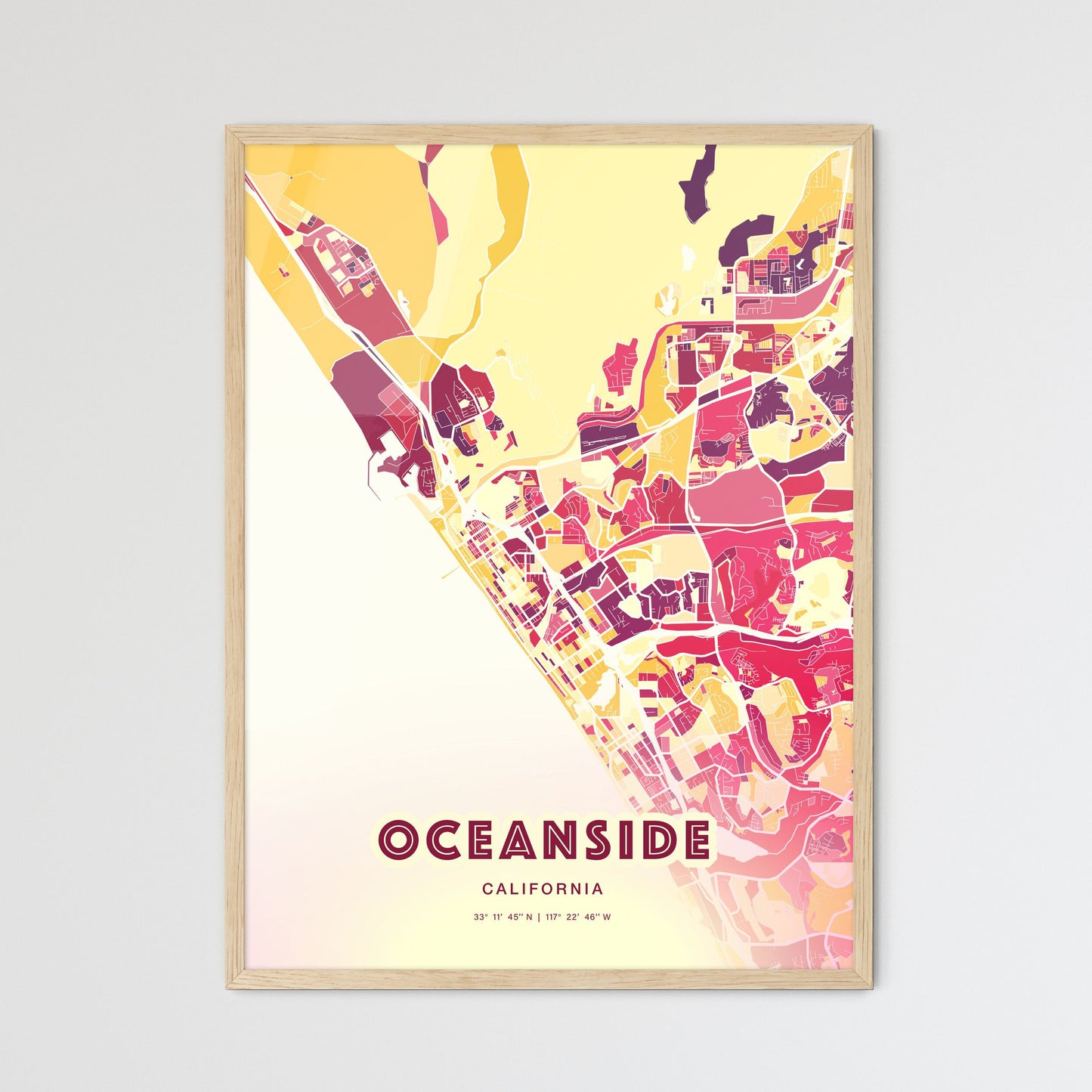 Colorful Oceanside California Fine Art Map Hot Red