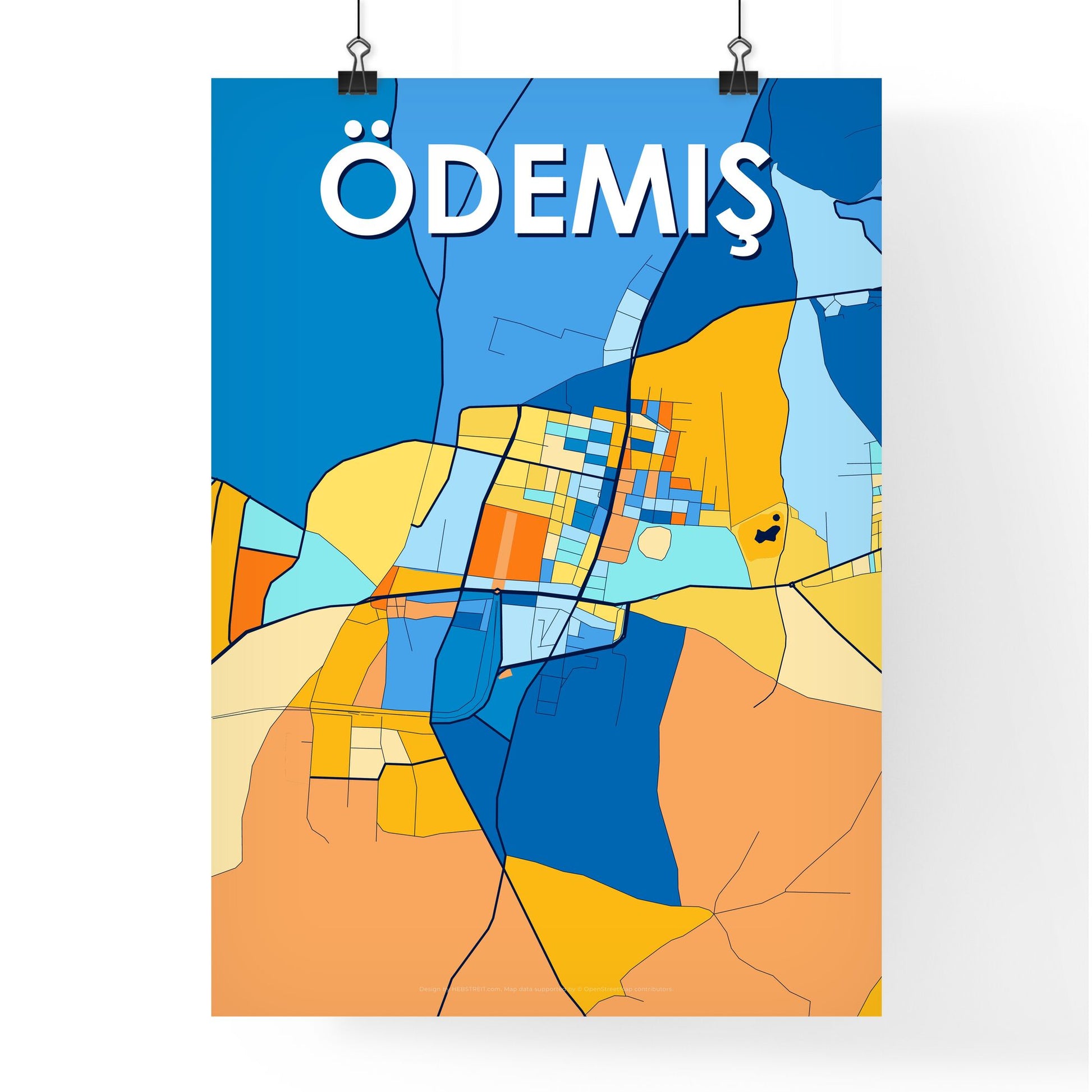 ÖDEMIŞ TURKEY Vibrant Colorful Art Map Poster Blue Orange