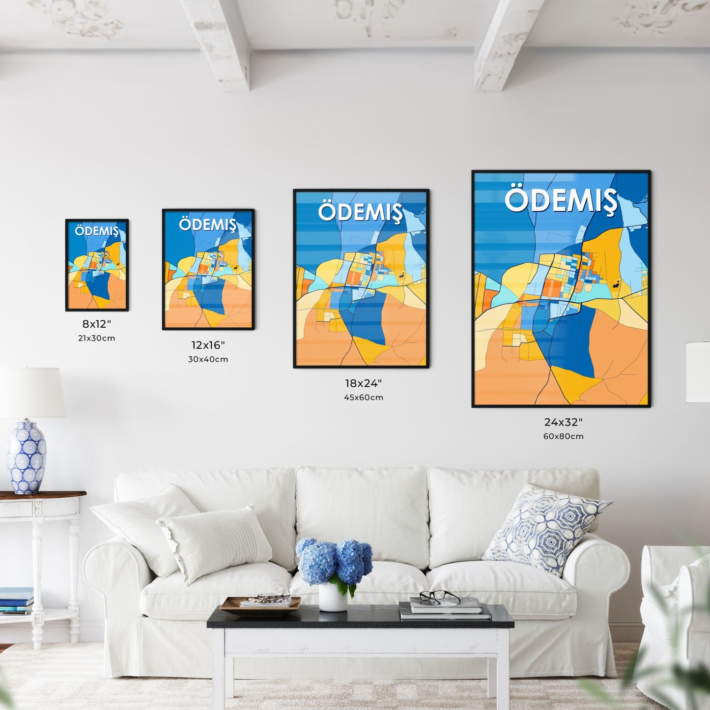 ÖDEMIŞ TURKEY Vibrant Colorful Art Map Poster Blue Orange