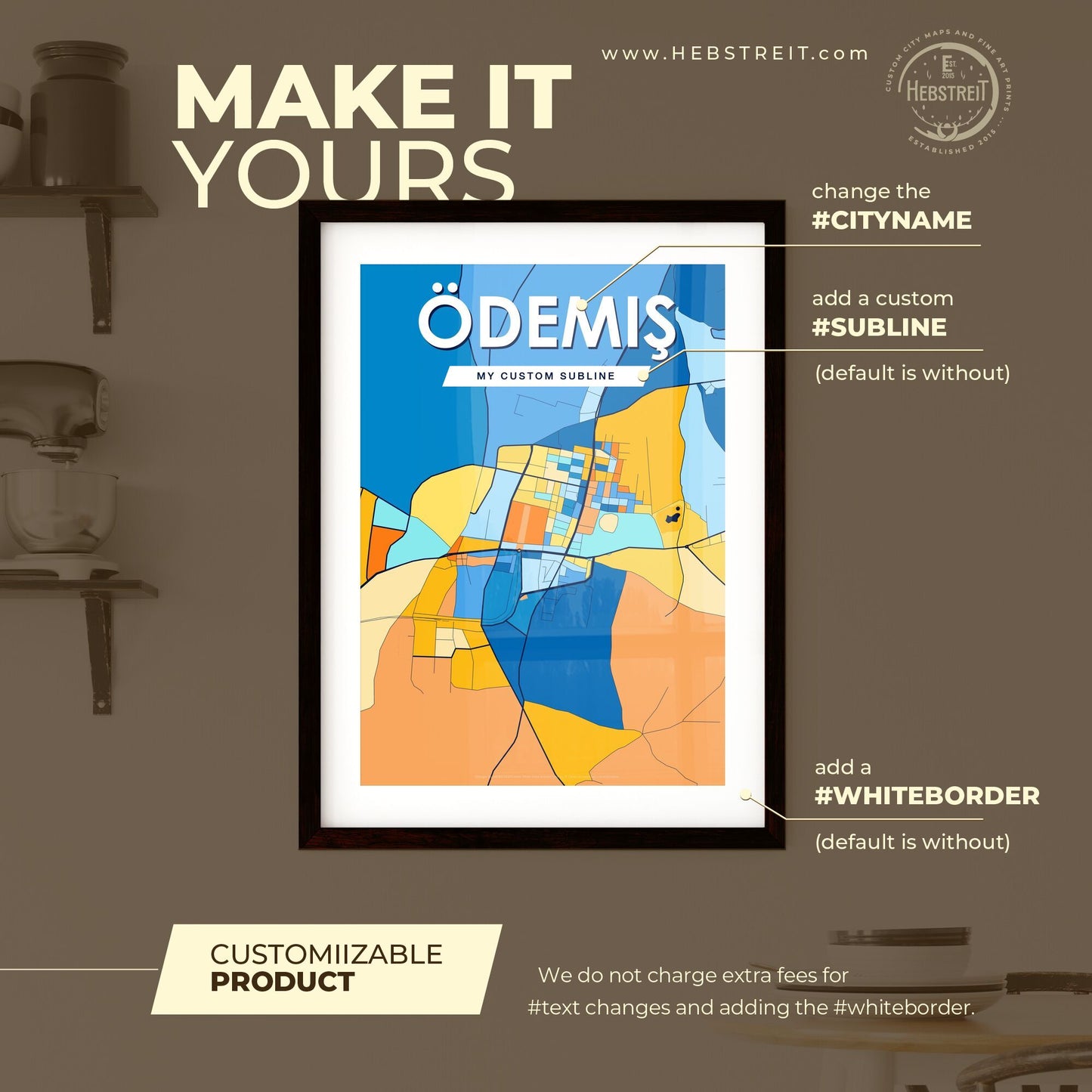 ÖDEMIŞ TURKEY Vibrant Colorful Art Map Poster Blue Orange