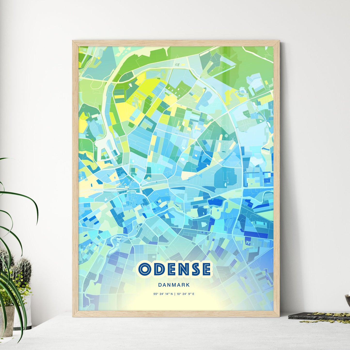 Colorful Odense Denmark Fine Art Map Cool Blue
