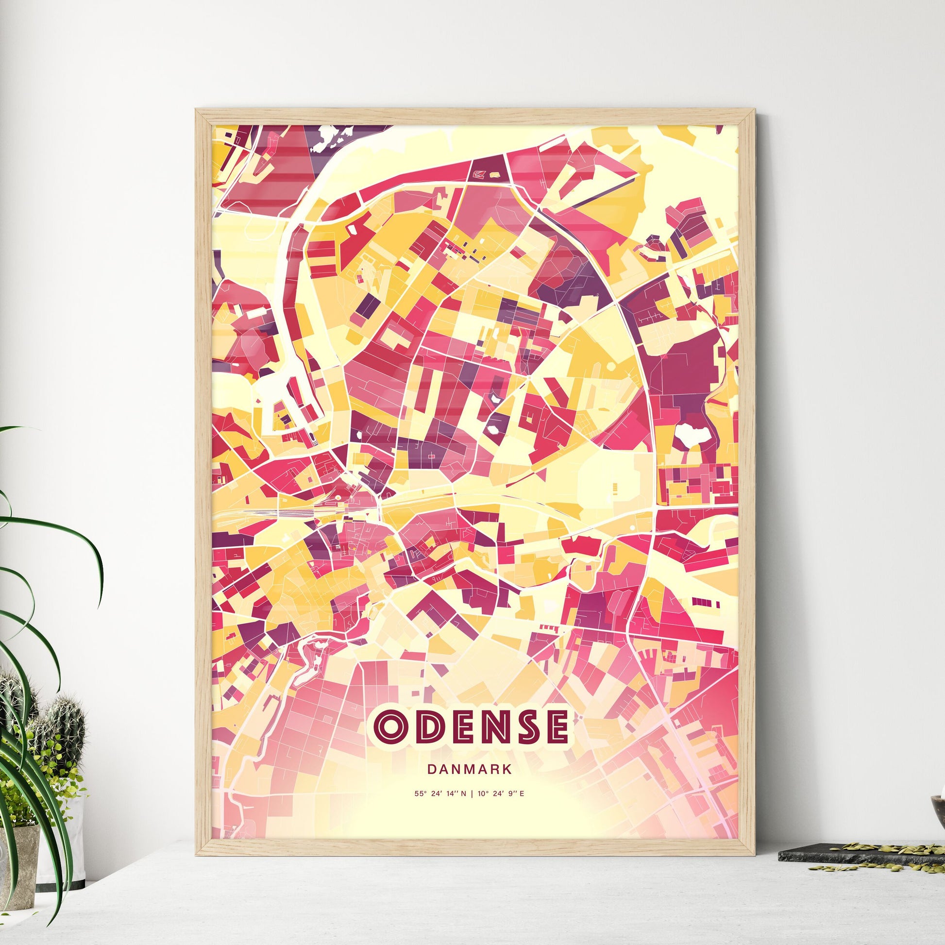 Colorful Odense Denmark Fine Art Map Hot Red