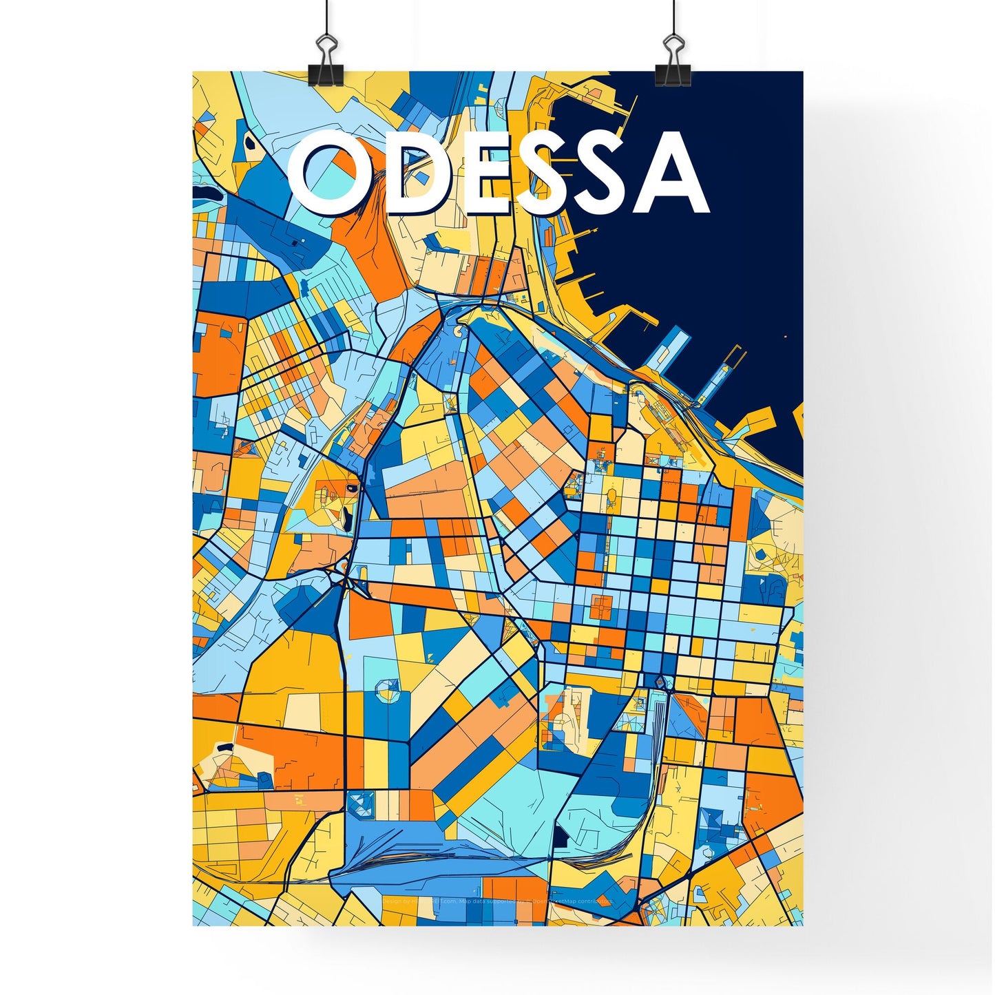 ODESSA UKRAINE Vibrant Colorful Art Map Poster Blue Orange