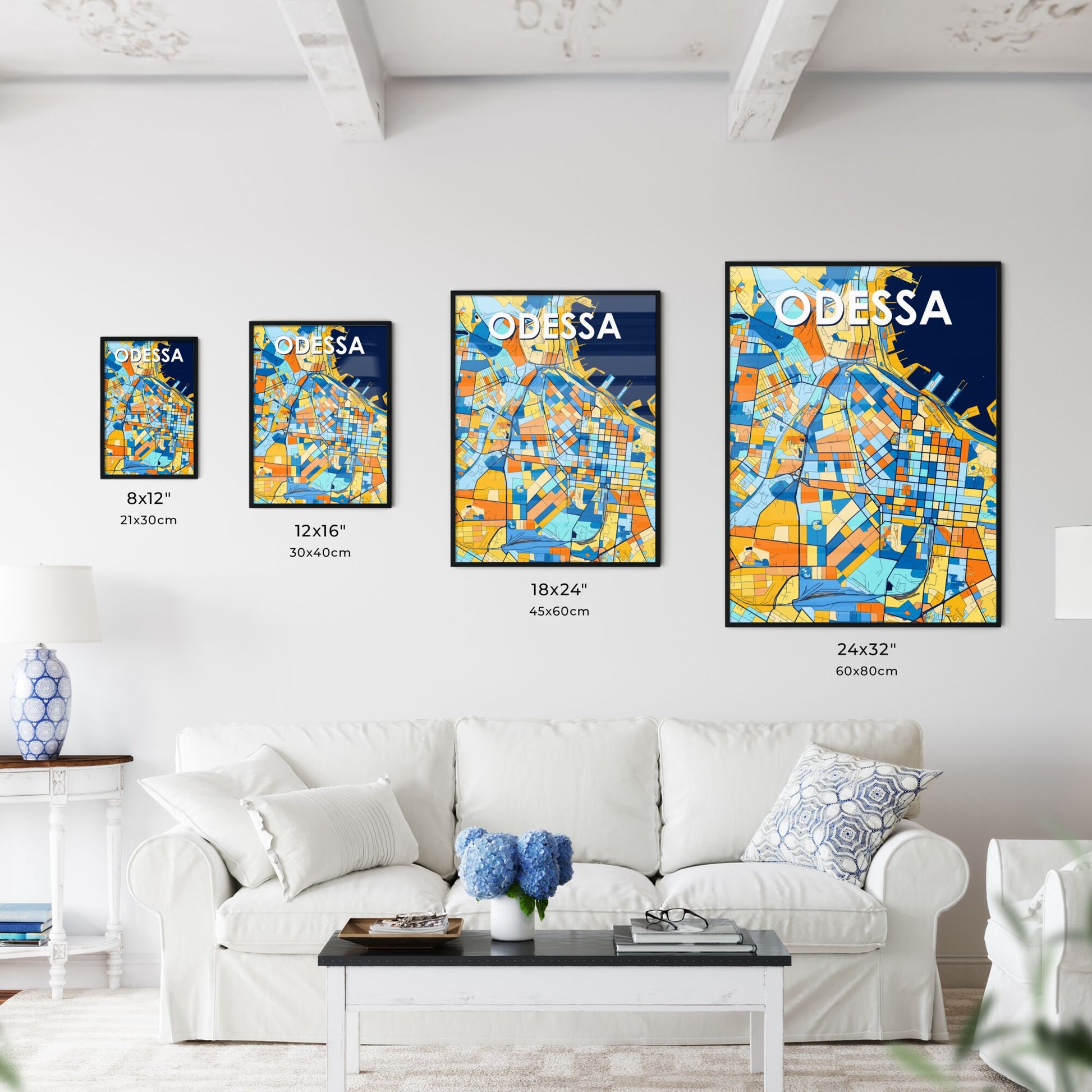 ODESSA UKRAINE Vibrant Colorful Art Map Poster Blue Orange