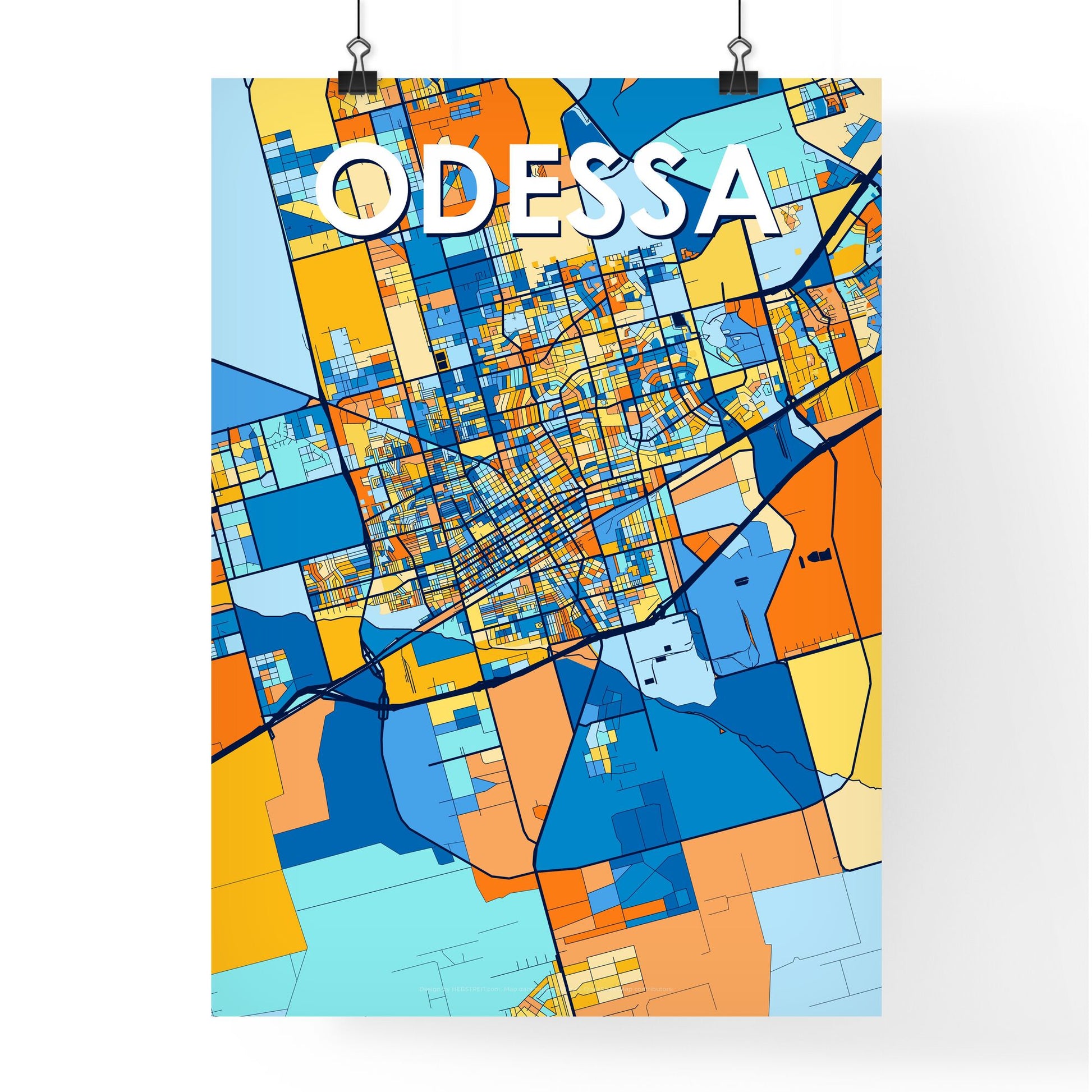 ODESSA TEXAS Vibrant Colorful Art Map Poster Blue Orange