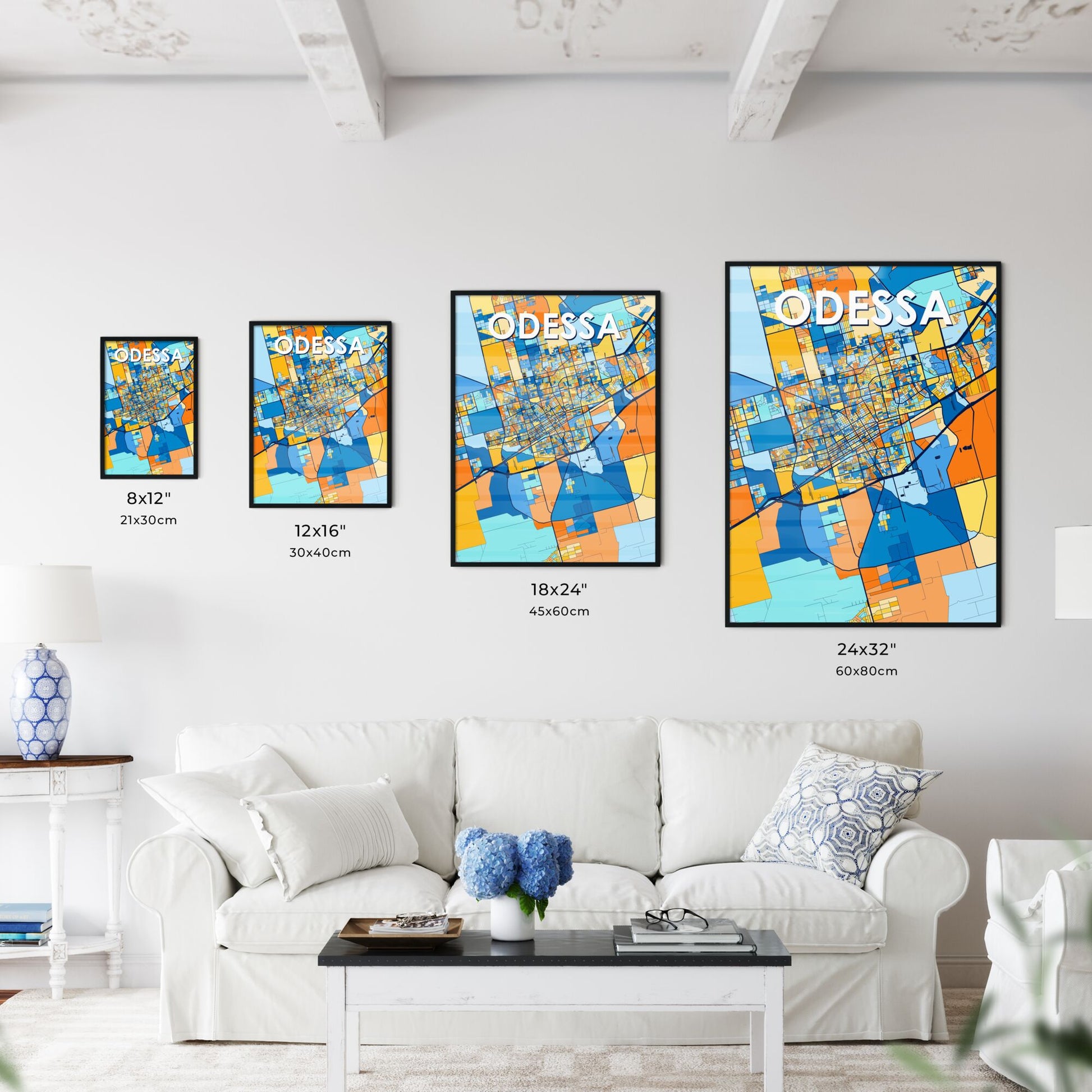 ODESSA TEXAS Vibrant Colorful Art Map Poster Blue Orange