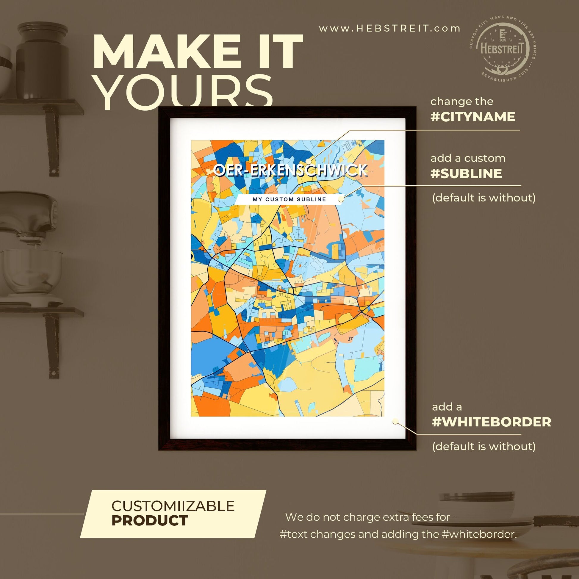 OER-ERKENSCHWICK GERMANY Vibrant Colorful Art Map Poster Blue Orange