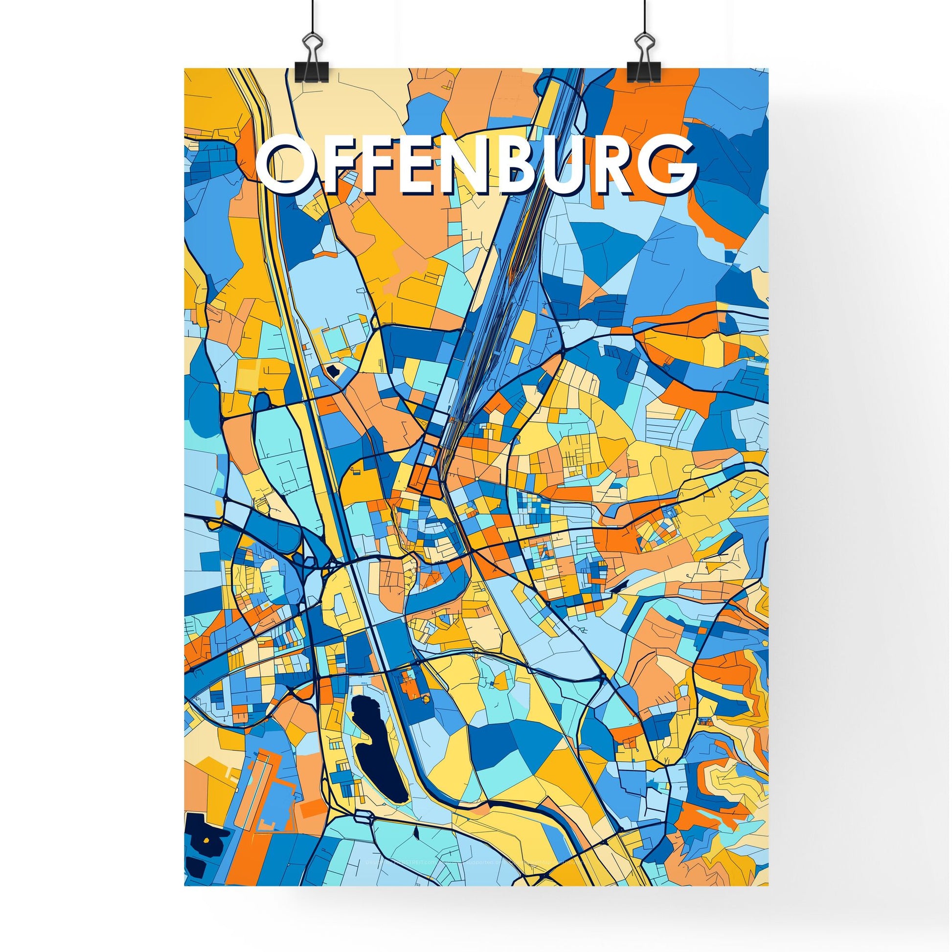 OFFENBURG GERMANY Vibrant Colorful Art Map Poster Blue Orange