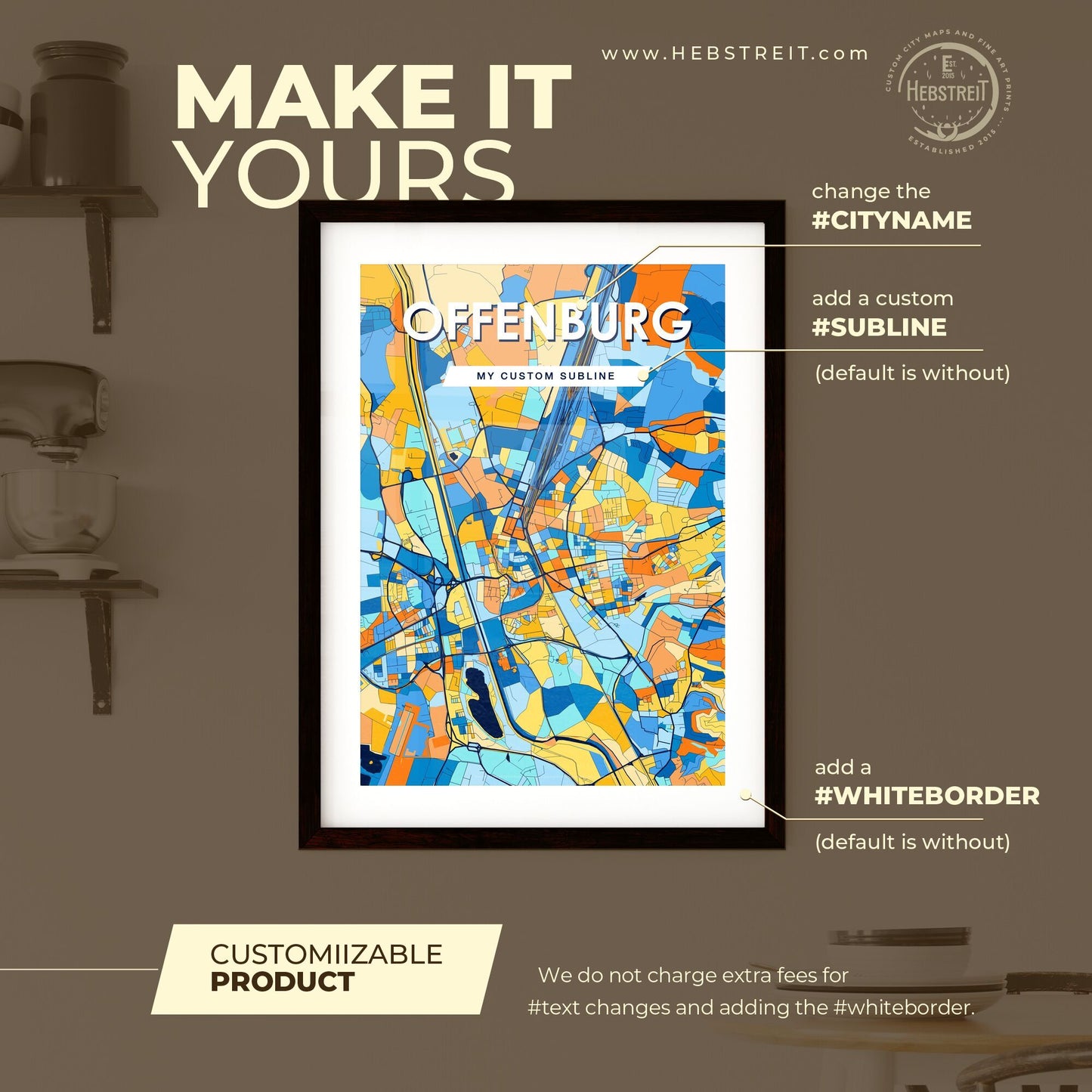 OFFENBURG GERMANY Vibrant Colorful Art Map Poster Blue Orange