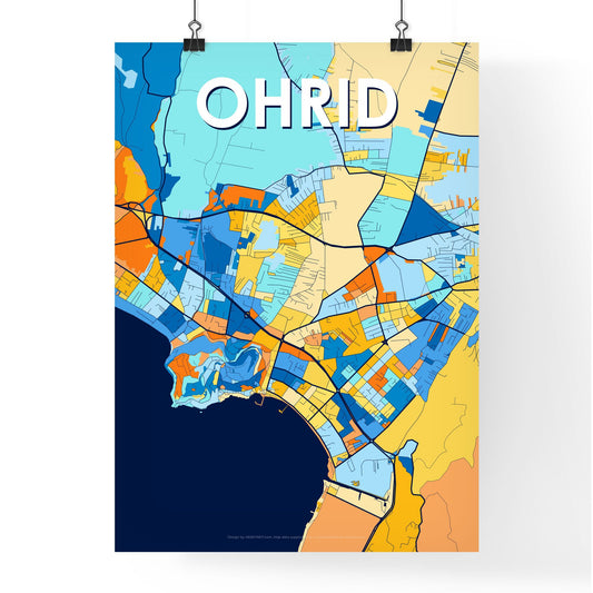 OHRID NORTH MACEDONIA Vibrant Colorful Art Map Poster Blue Orange