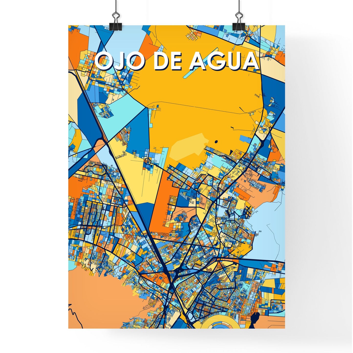 OJO DE AGUA MEXICO Vibrant Colorful Art Map Poster Blue Orange