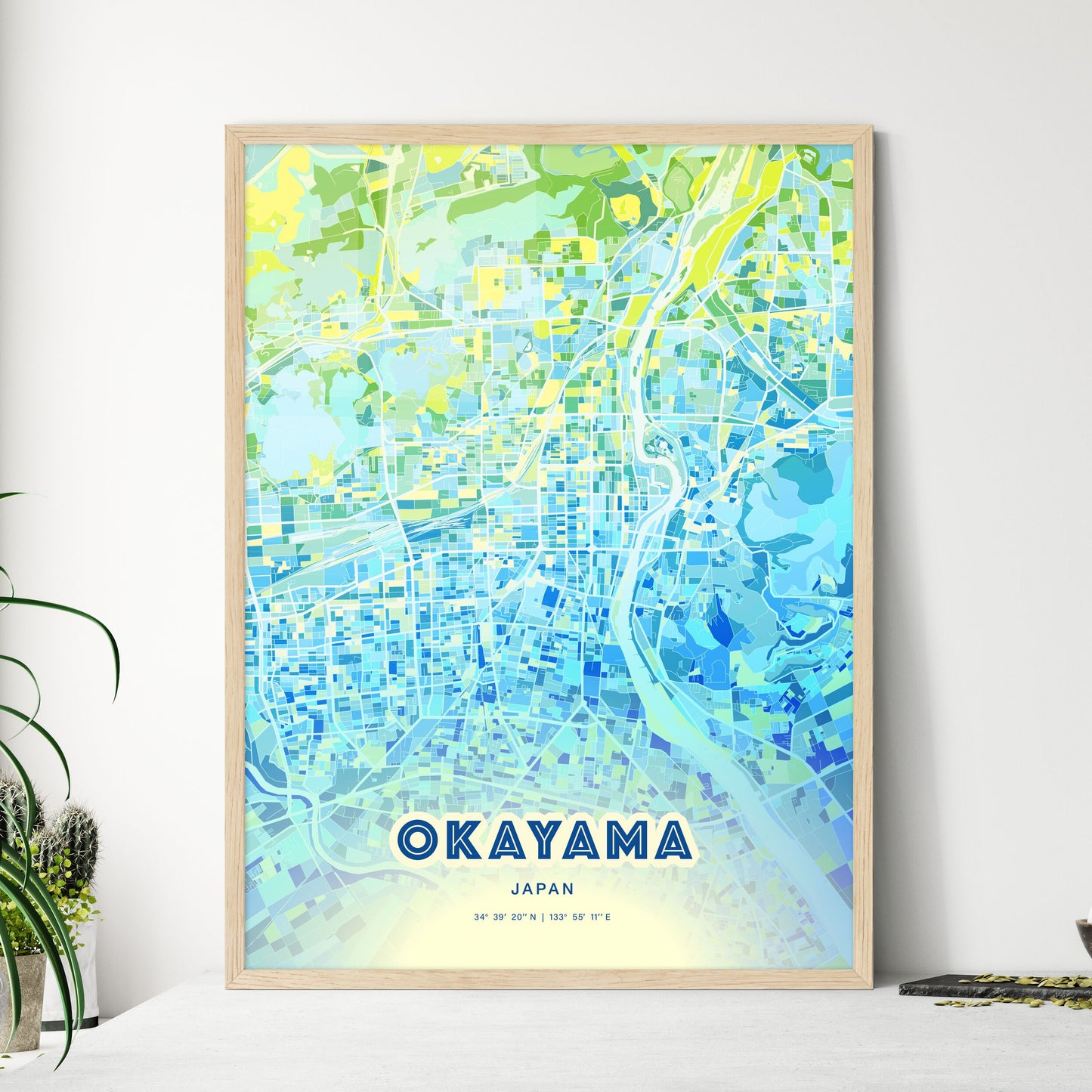 Colorful Okayama Japan Fine Art Map Cool Blue