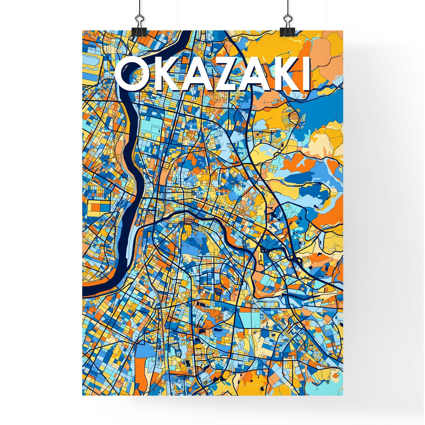 OKAZAKI JAPAN Vibrant Colorful Art Map Poster Blue Orange