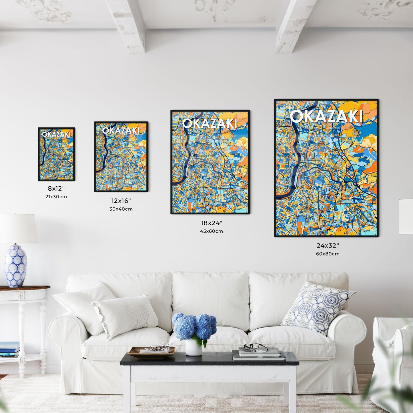 OKAZAKI JAPAN Vibrant Colorful Art Map Poster Blue Orange