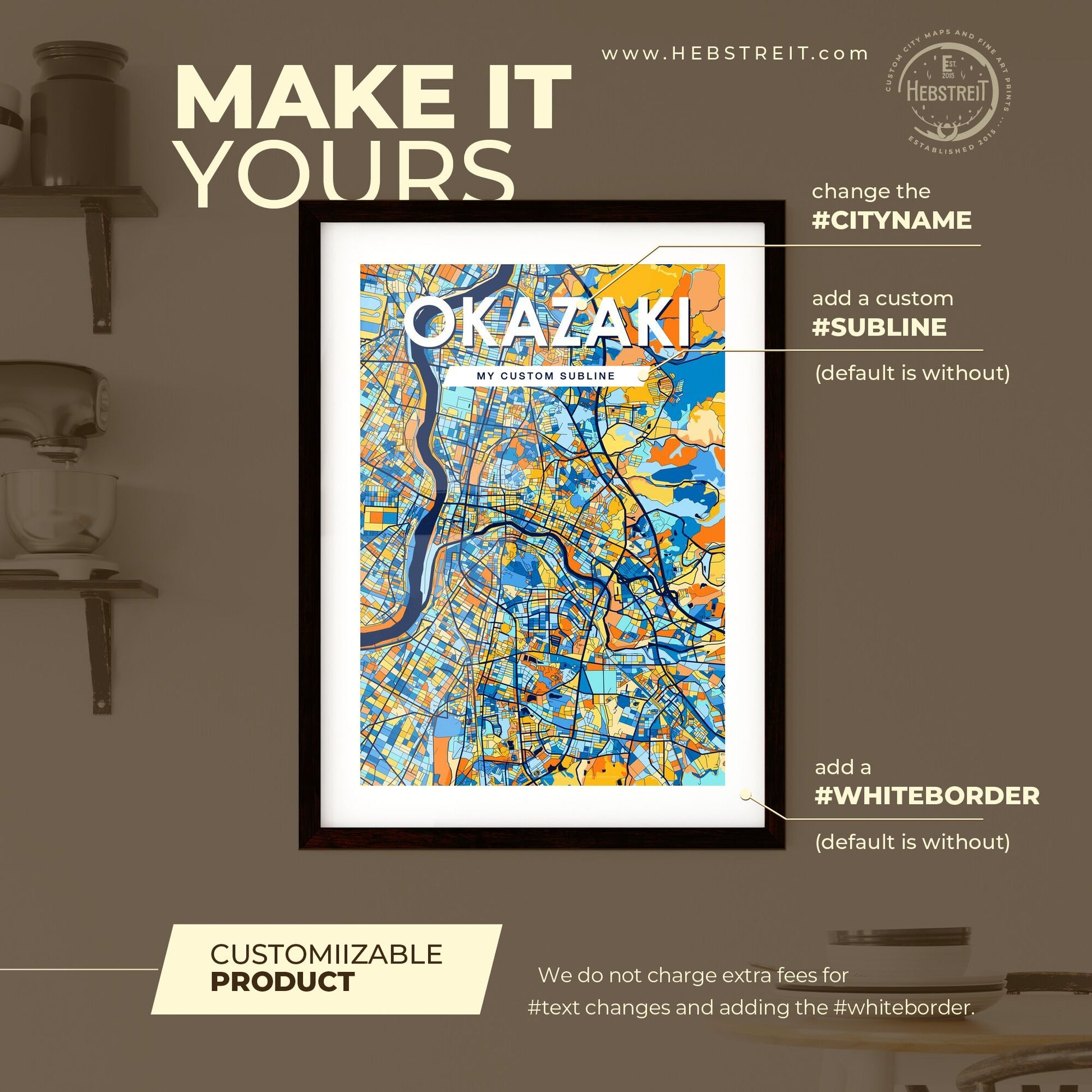 OKAZAKI JAPAN Vibrant Colorful Art Map Poster Blue Orange