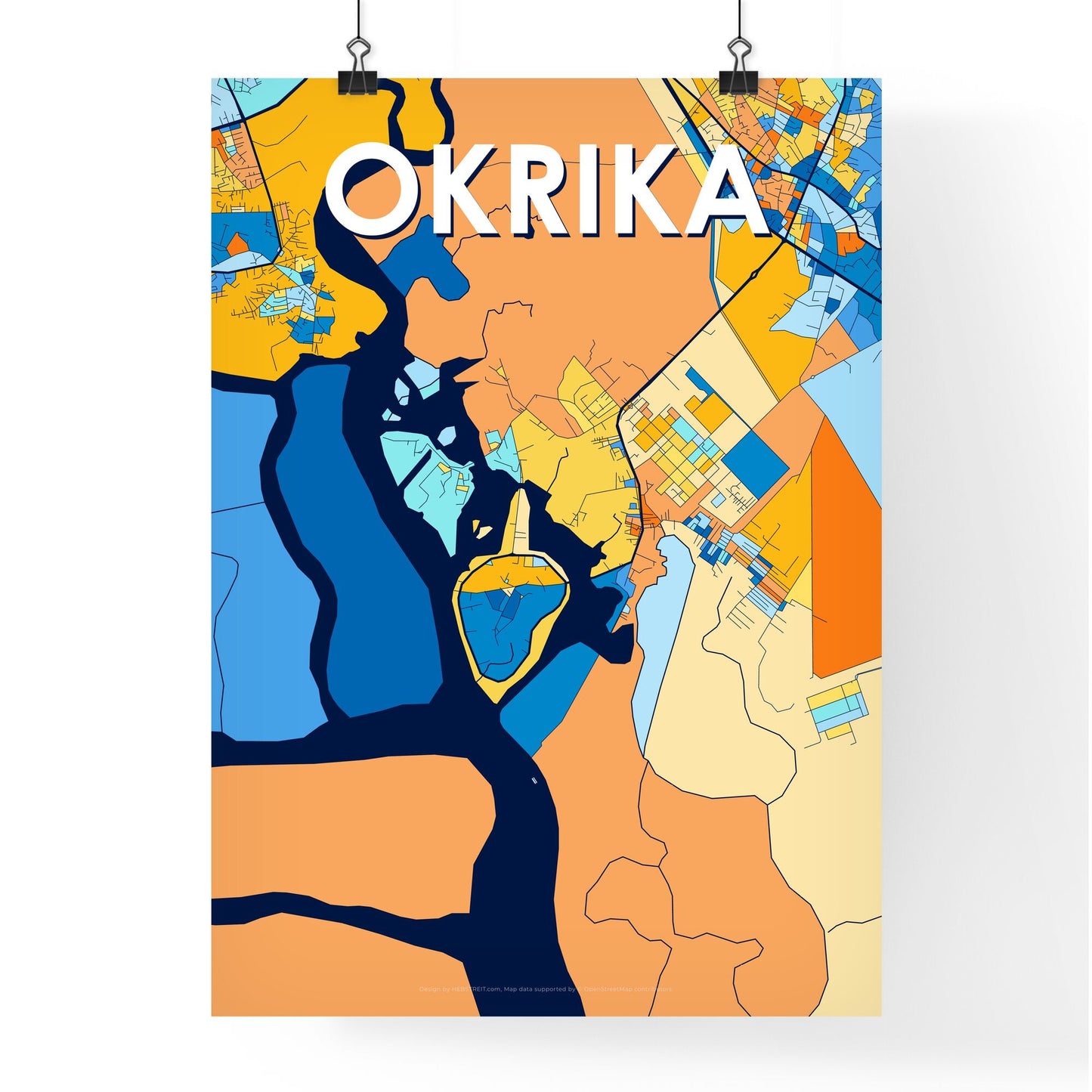 OKRIKA NIGERIA Vibrant Colorful Art Map Poster Blue Orange