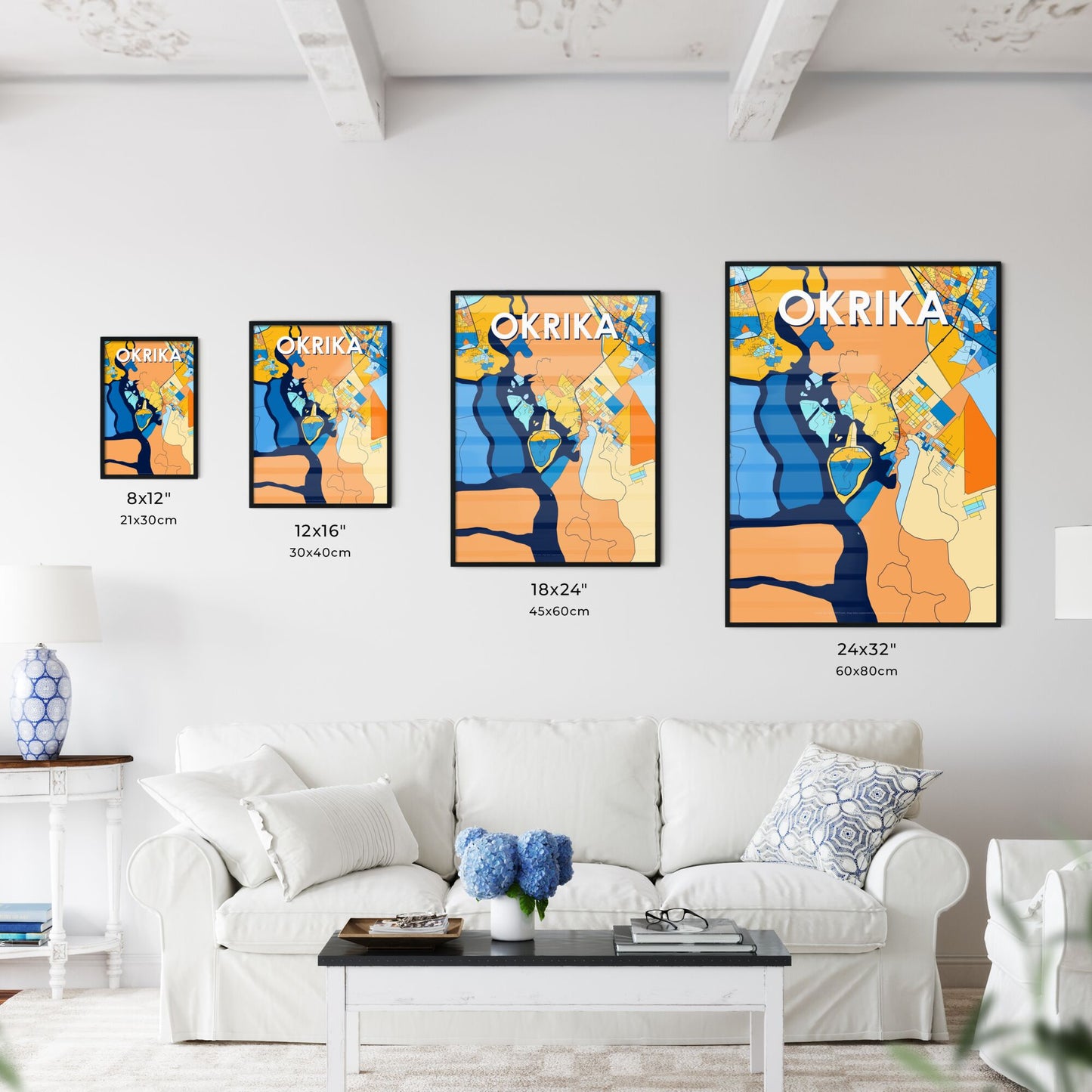 OKRIKA NIGERIA Vibrant Colorful Art Map Poster Blue Orange