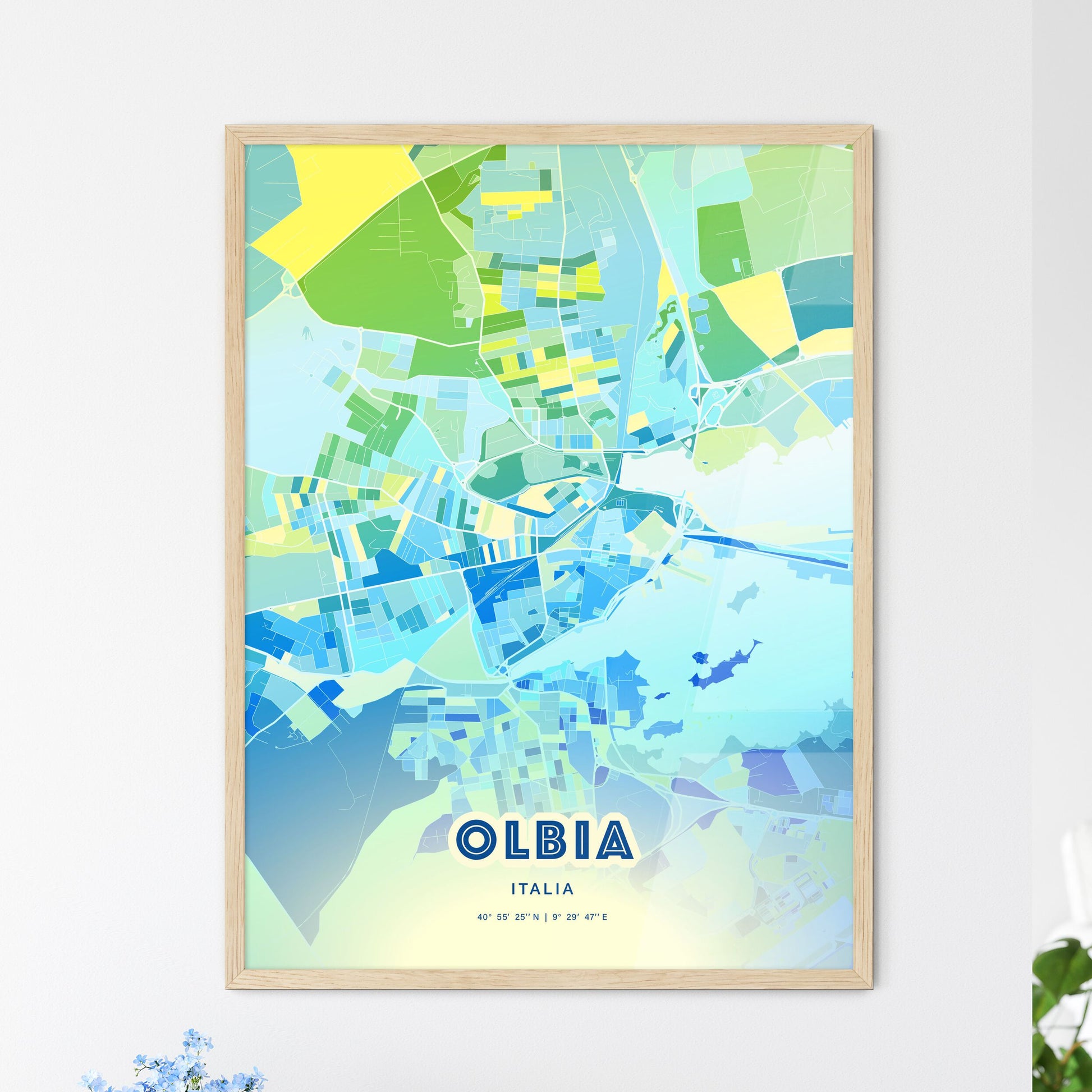 Colorful Olbia Italy Fine Art Map Cool Blue