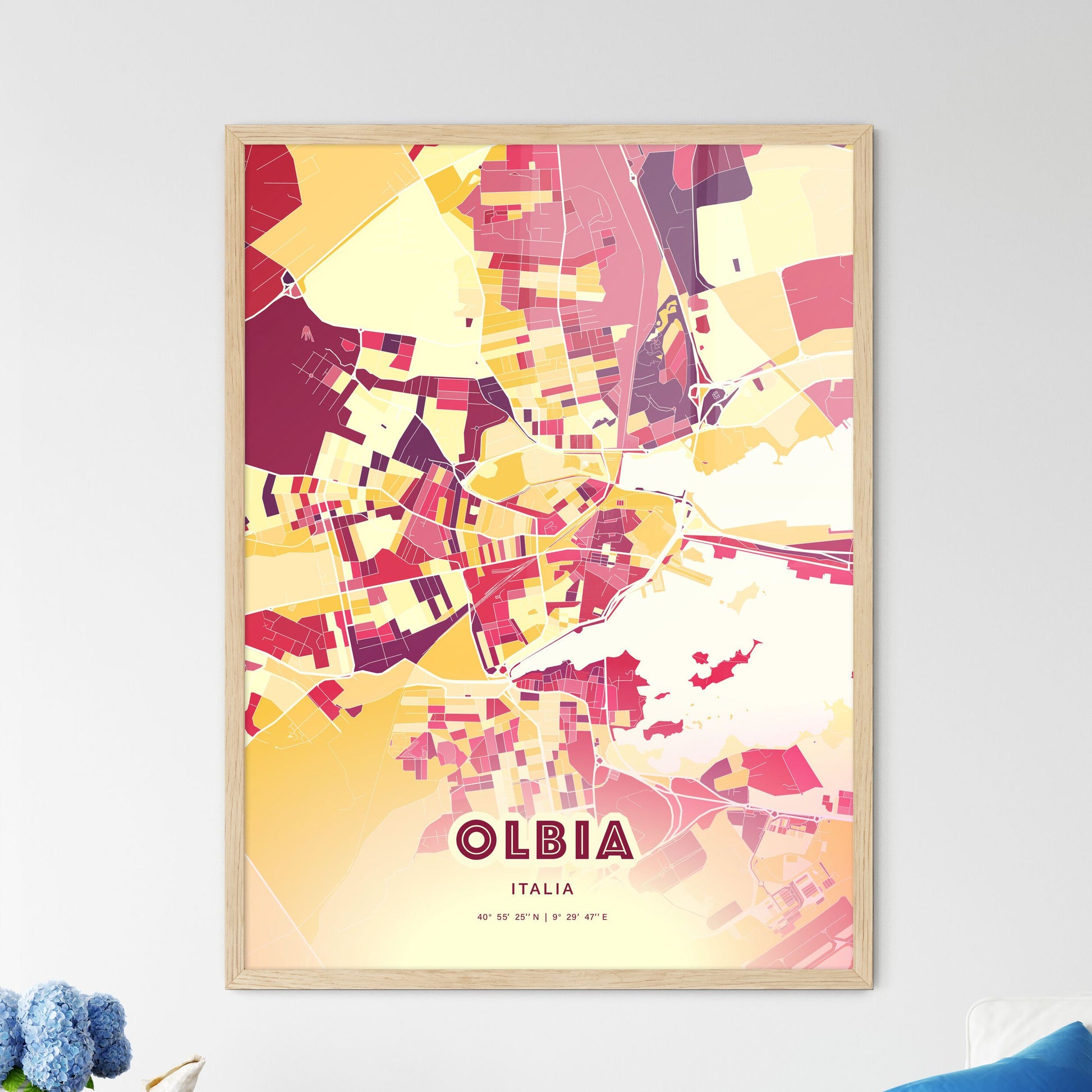 Colorful Olbia Italy Fine Art Map Hot Red