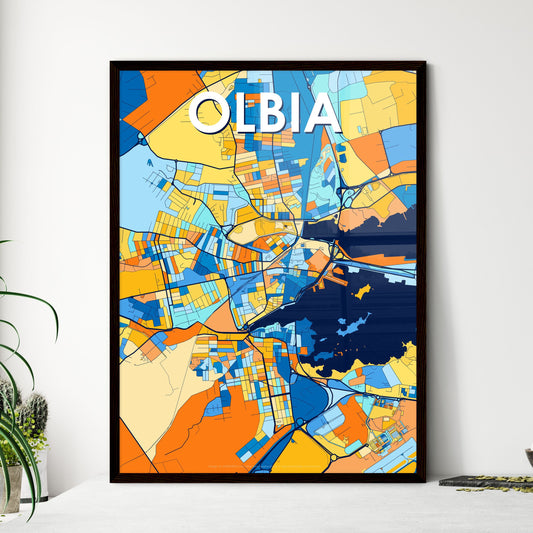 OLBIA ITALY Vibrant Colorful Art Map Poster Blue Orange
