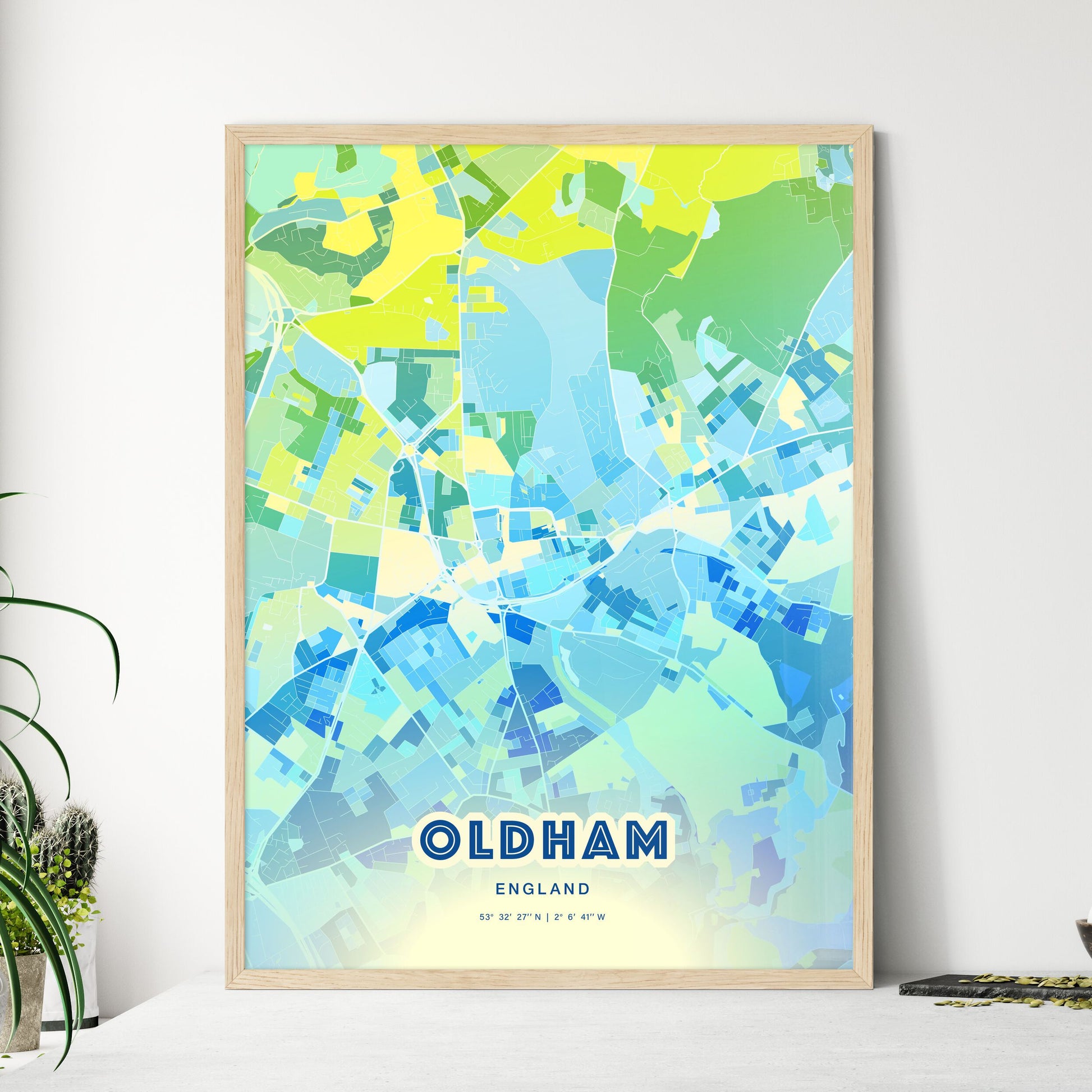 Colorful Oldham England Fine Art Map Cool Blue