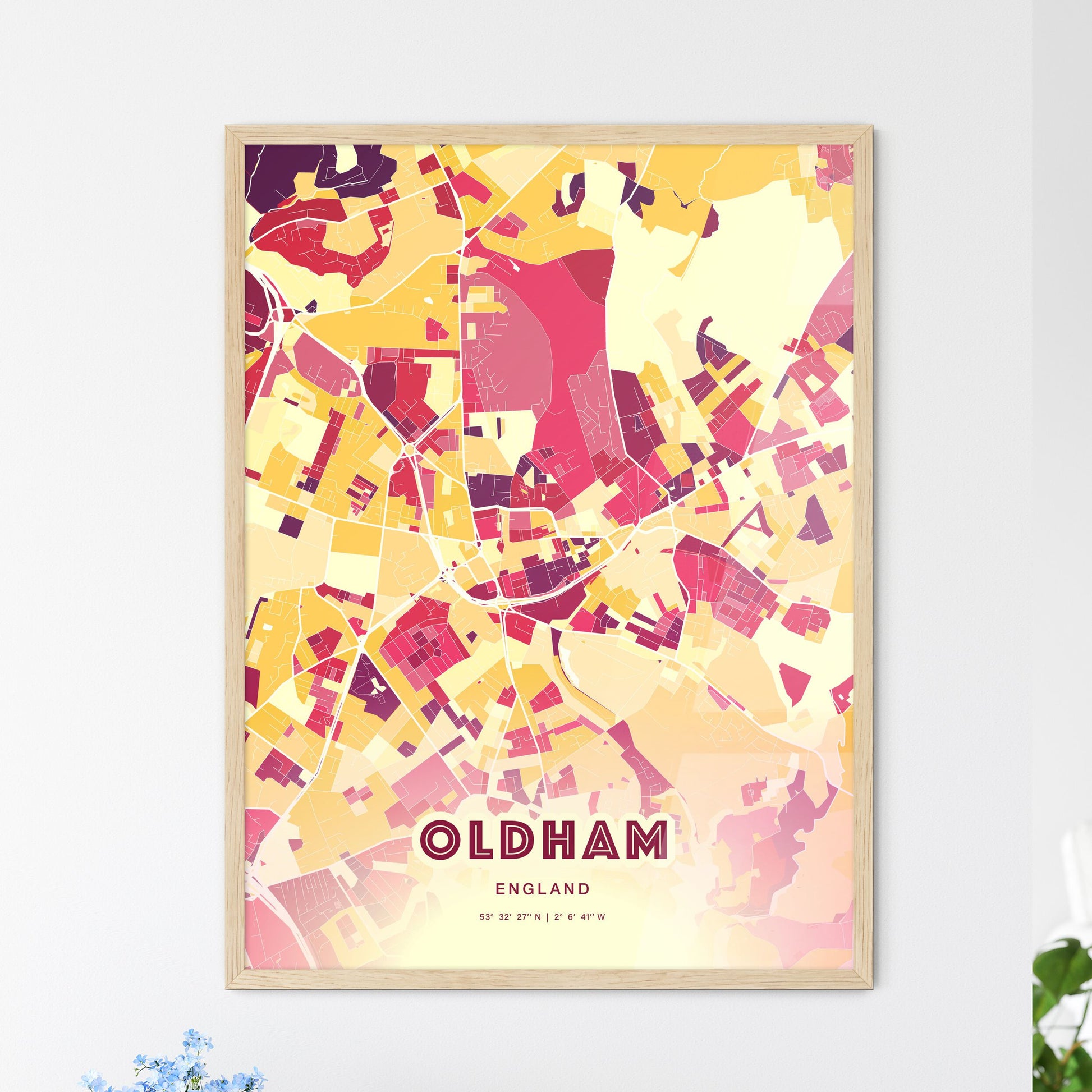 Colorful Oldham England Fine Art Map Hot Red